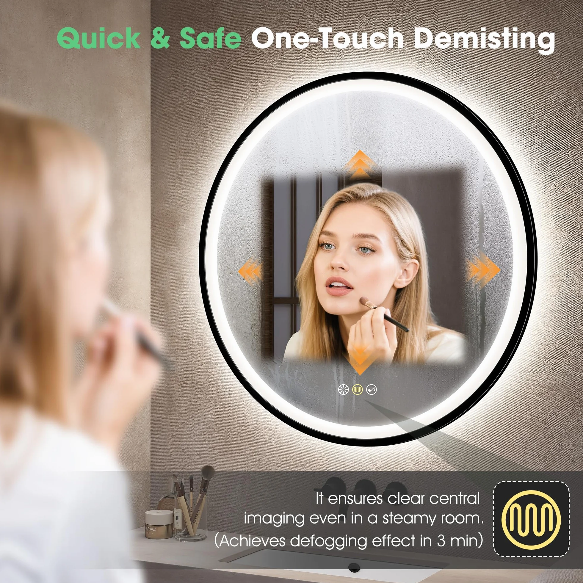 S'bagno Miroir-Rond-Salle-de-Bain-avec-éclairage 60cm, Rond-Miroir-LED-avec-Bluetooth, Antibuée, 3 Couleurs Lumières, Dimmable, Mémoire Lumière, IP44, Verre Trempé, Cadre Fer Noir