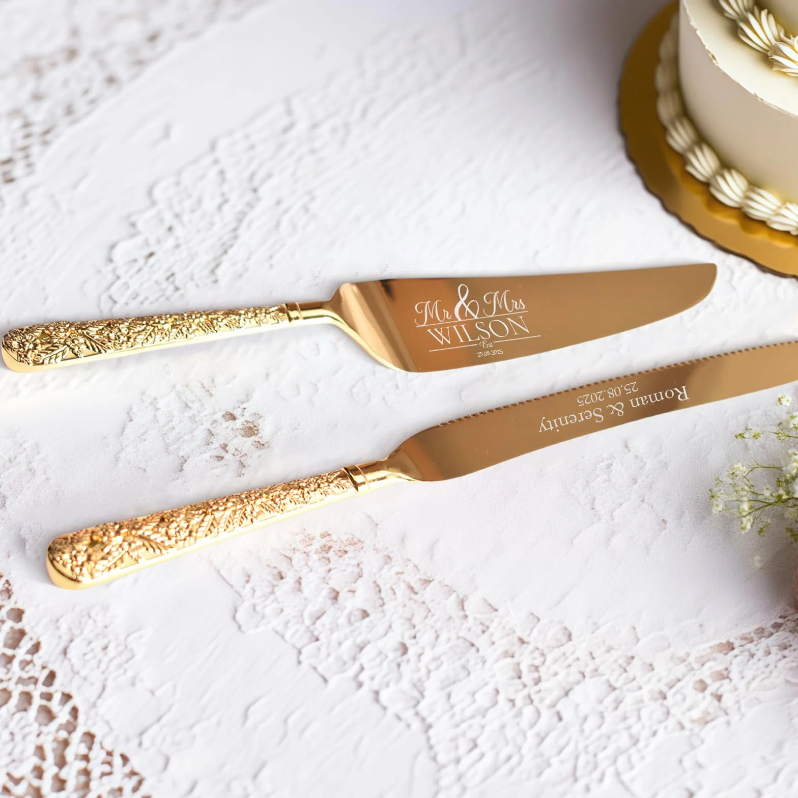 Ensemble de 2 pièces couteau et pelle à gâteau de mariage argenté vintage