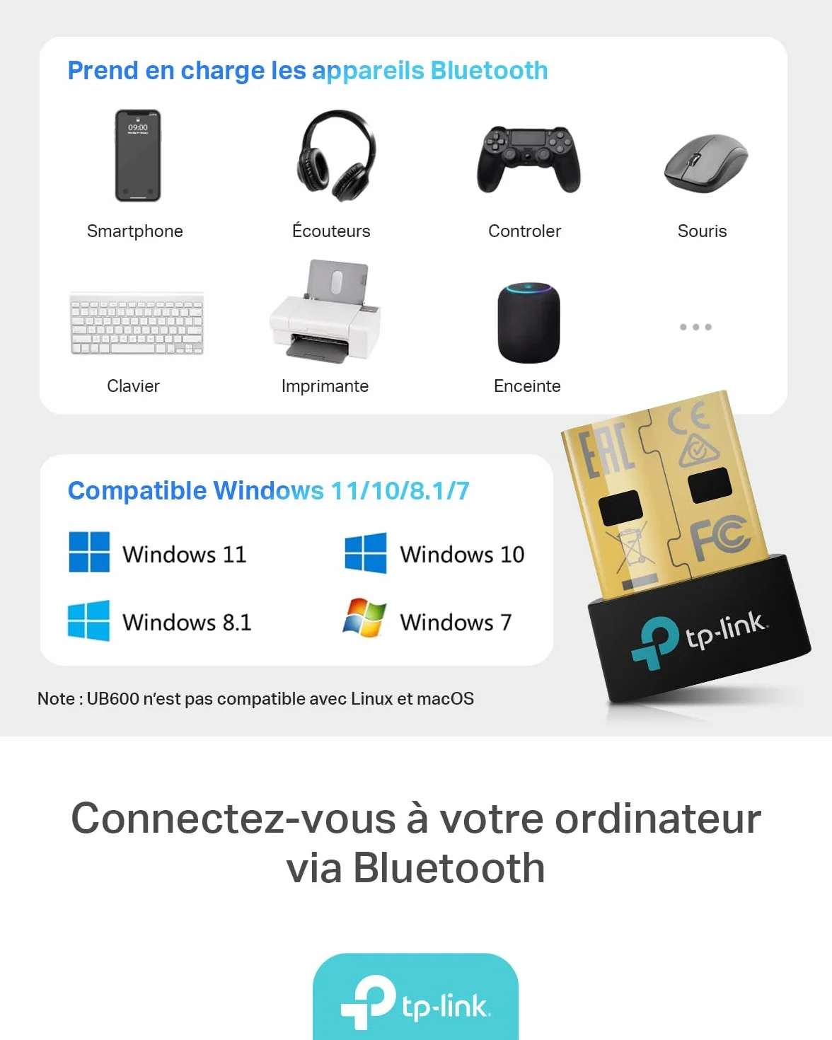 TP-Link UB600 Clé Bluetooth 6.0 USB Nano Adaptateur Ultra-Compact Compatible Windows 11/10/8.1/7