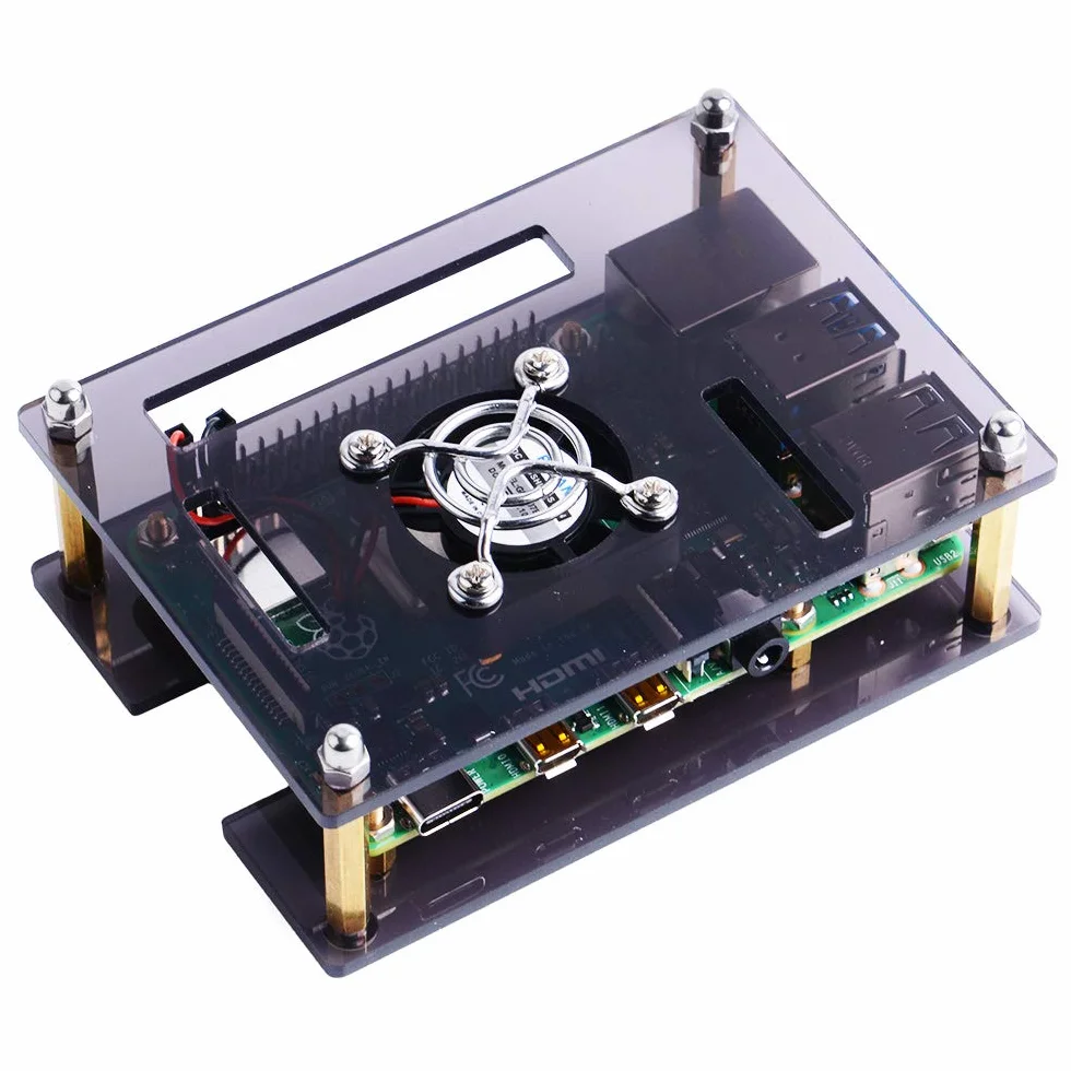GeeekPi Akrylowa obudowa do Raspberry Pi 4 i 3, Raspberry Pi etui z wentylatorem do 3/2 (B/B +), brązowa