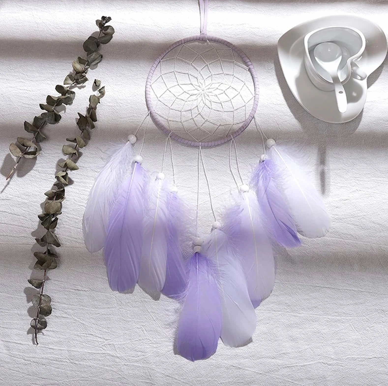 Attrape-Rêves Boho Plume Main, Ornement Dream Catcher Décoration Murale Chambre Maison (blanc)