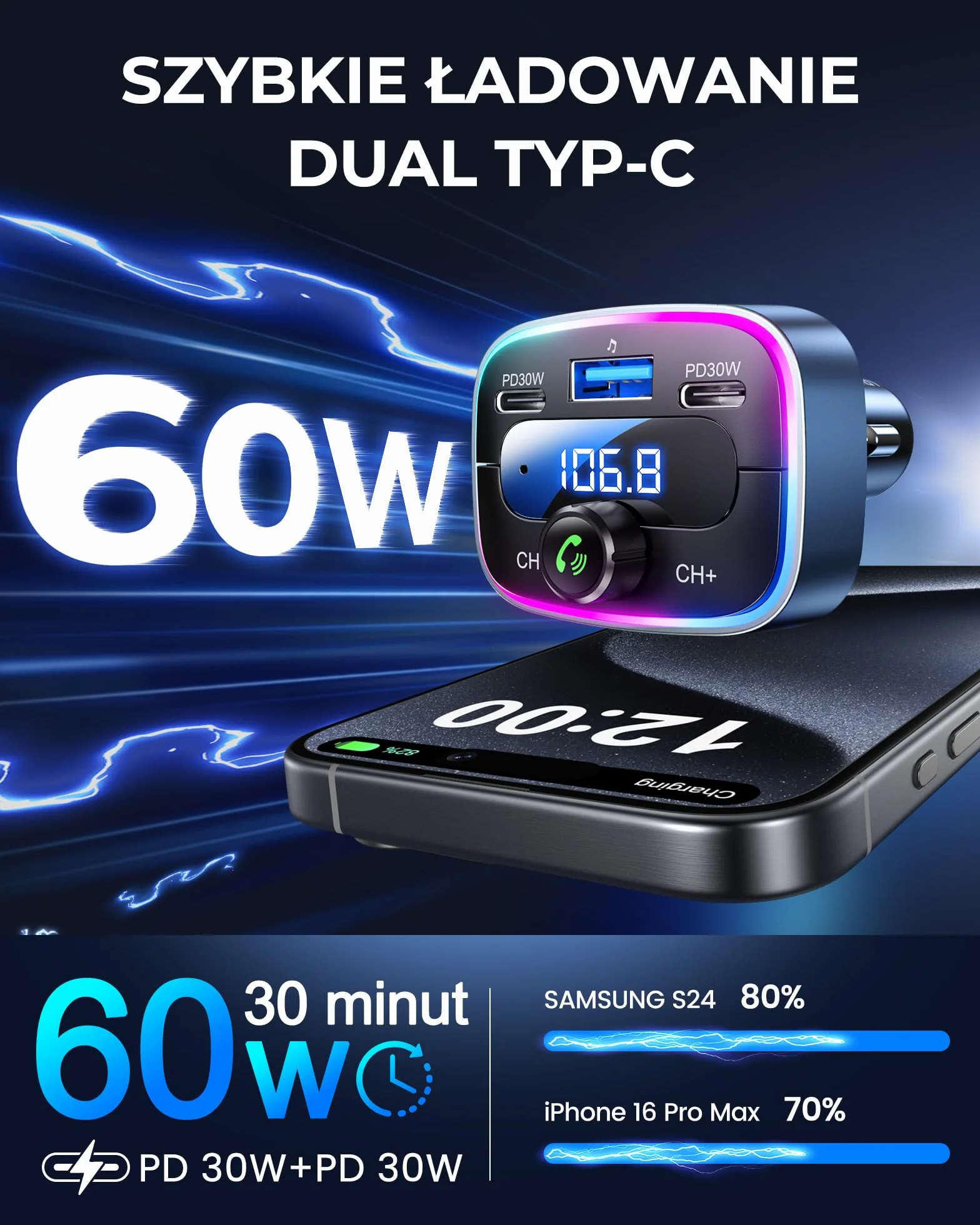 LENCENT Nadajnik FM Bluetooth 5,4, 60 W Szybkie Ładowanie z 2 USB-C (PD 30 W), darmowe rozmowy, muzyka samochodowa, głęboki bas Hi-Fi z 7 kolorami LED i pamięcią USB
