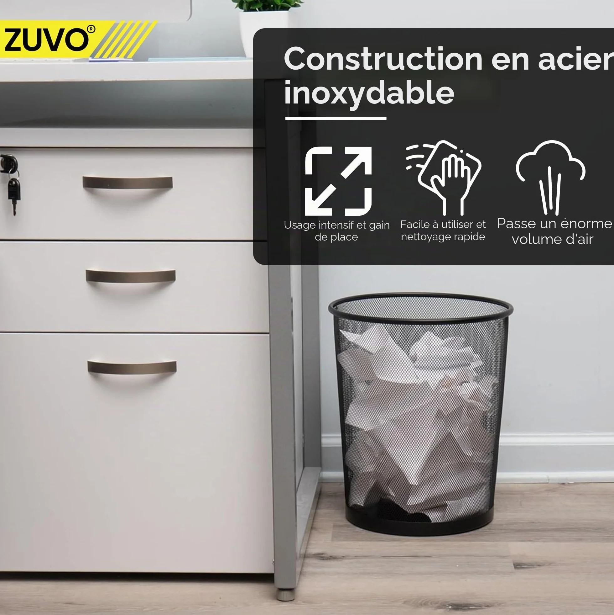 Zuvo Corbeille à papier en maille métallique noire 4 gallons (16L) pour maison bureau