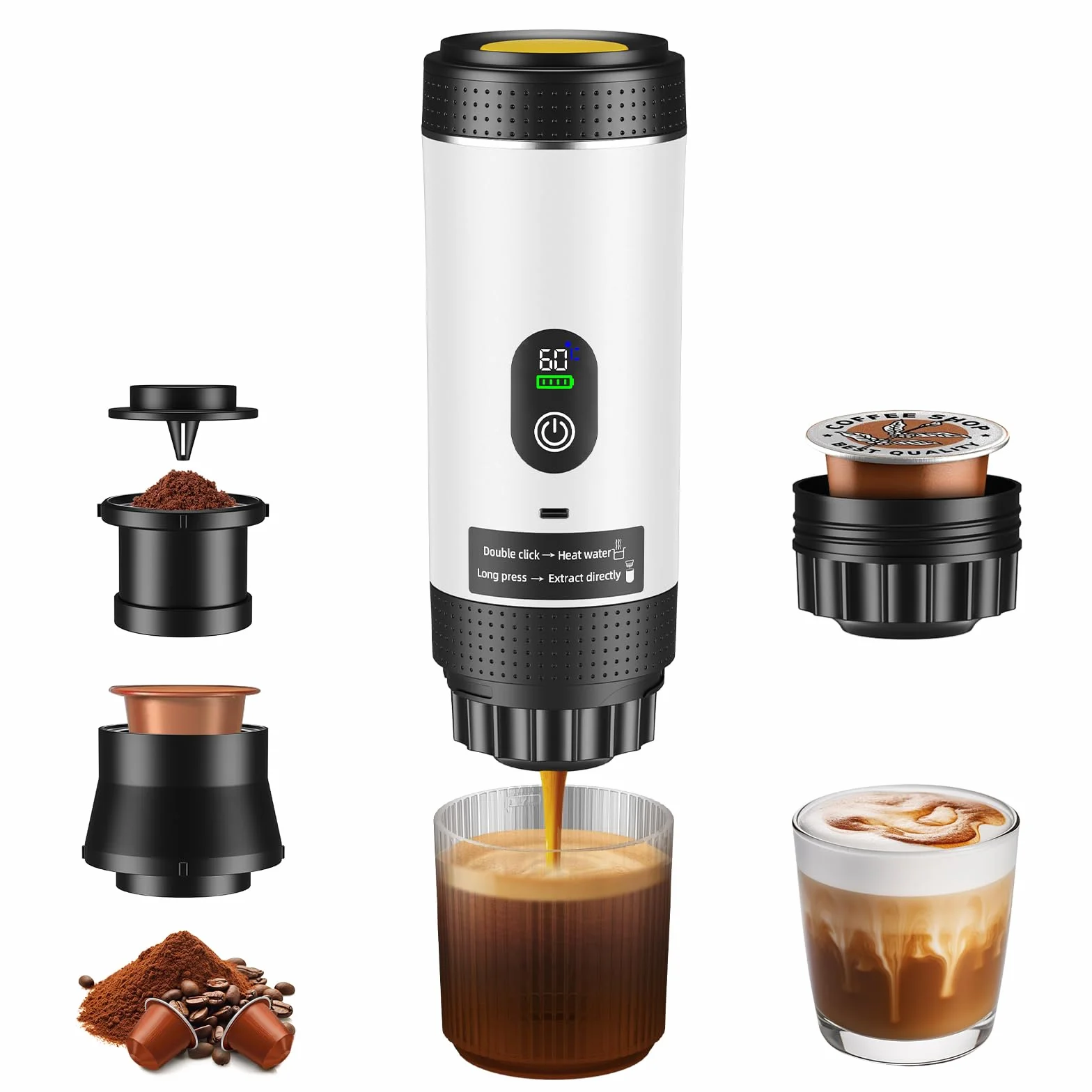 Machine à espresso portable 3 en 1, cafetière à batterie 20bars, mini machine à café nomade avec USB, écran LED, compatible café moulu et capsules (Sans boîte de rangement - Blanc)