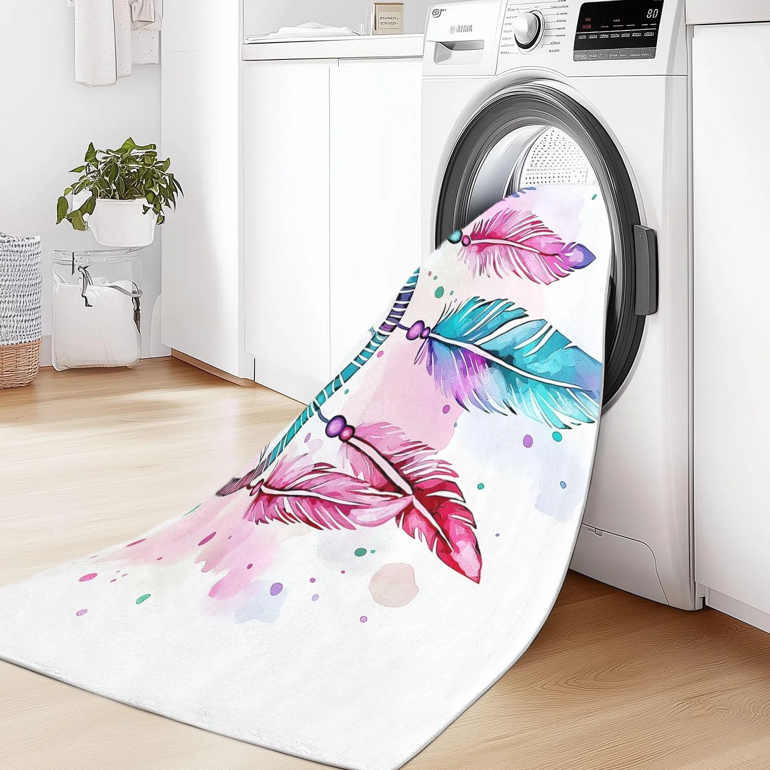 Tapis Rectangulaire antidérapant Tapis Attrape-Rêves Aquarelle Plumes Motif Salon Cuisine Anti Slip Lavable en Machine Doux Tapis Grand de Sol 80 x 150 cm pour Chambre et Couloir Cyan Violet