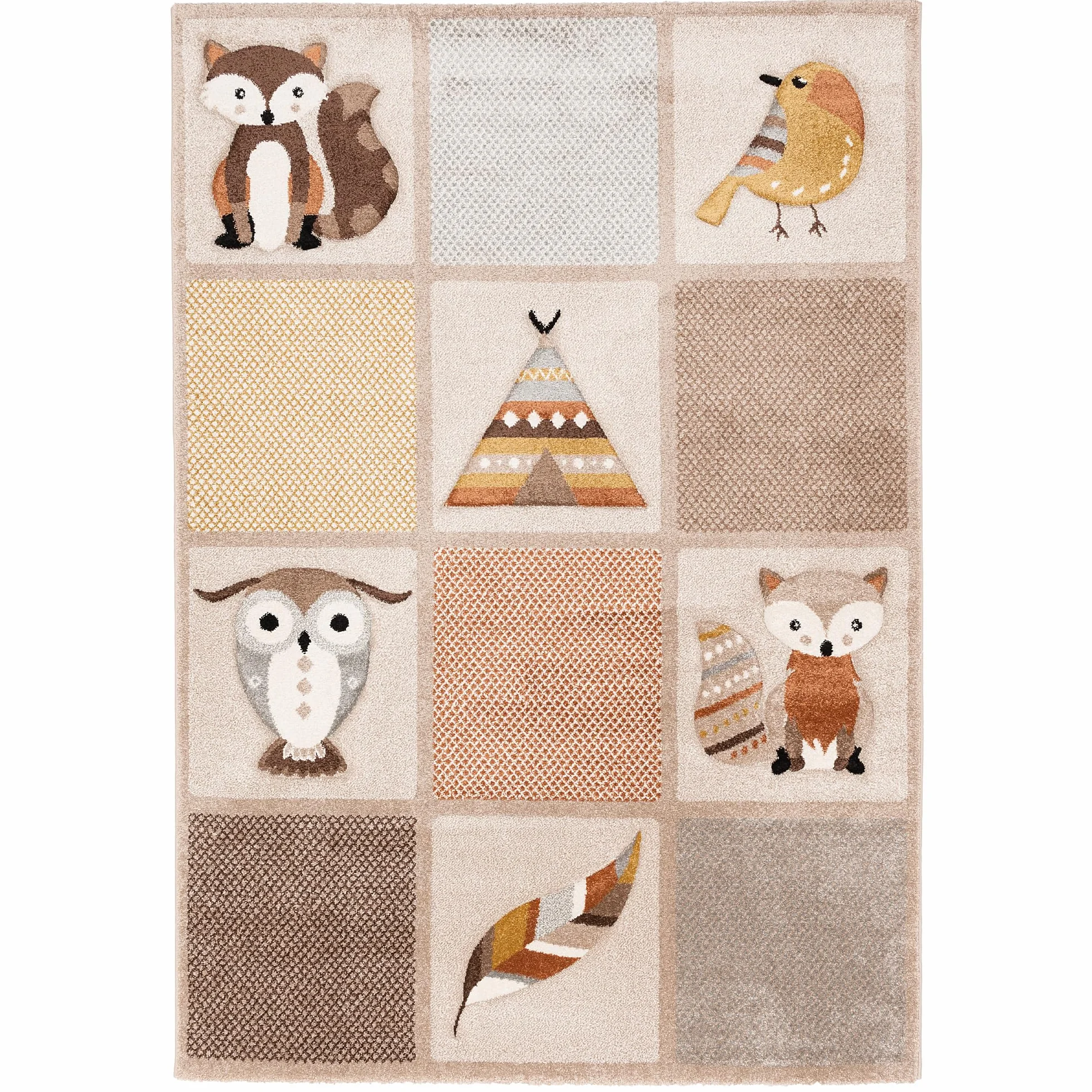 Pergamon Maui Kids Tapis Enfant Les Animaux de la Forêt Beige Marron 5 Tailles