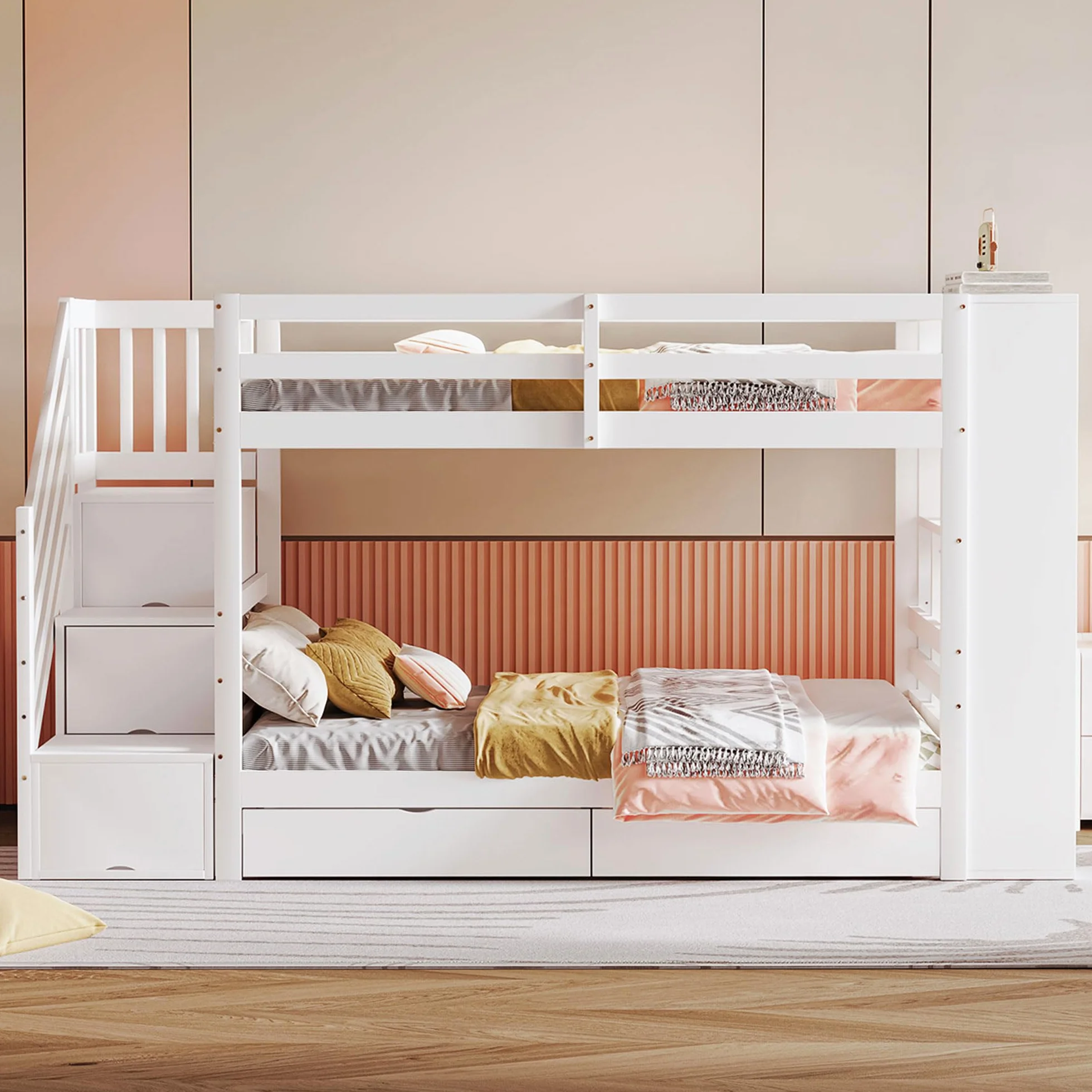 Sapgaks Lit superposé Enfant avec tiroirs et Grands casiers,Lit Enfant 90x200 cm avec échelle de Rangement,lit cabane Enfants avec clôture Haute,avec sommier à Lattes (C-Blanc)