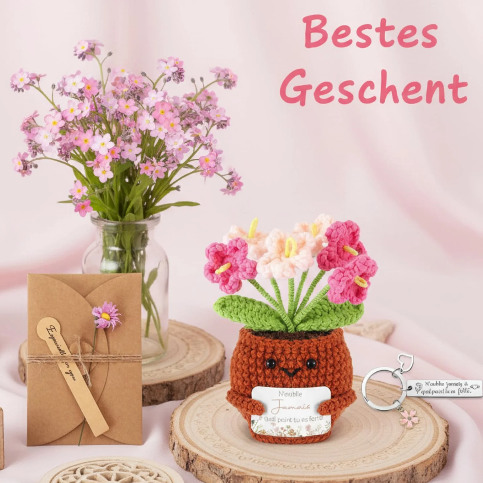 Porte-Clés au Crochet Plante en Pot avec Carte de Vœux Fleurs Séchées Coffret Cadeau