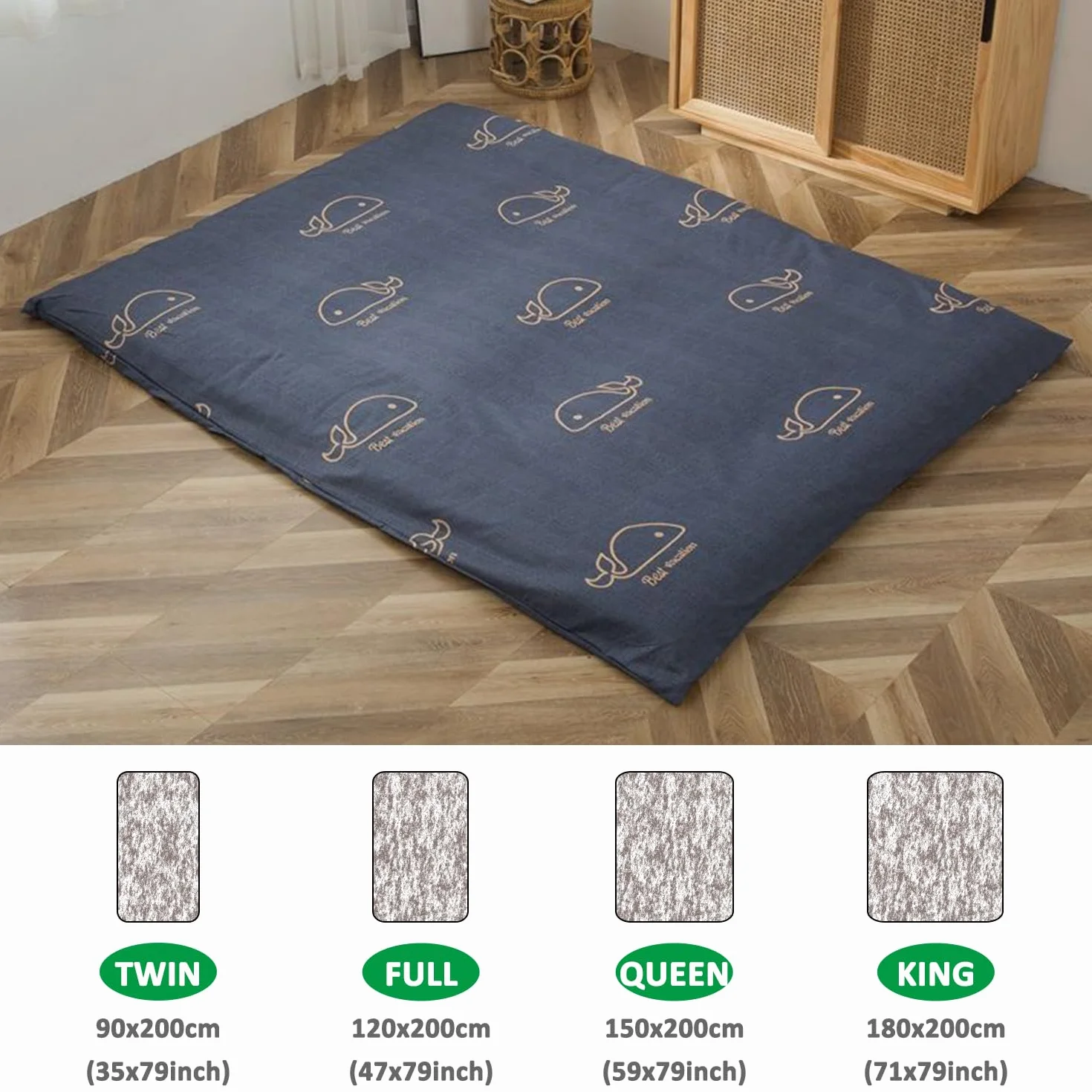 Housse de Protection pour Matelas Futon 100% Coton, Lavable en Machine, Queen 150x200cm