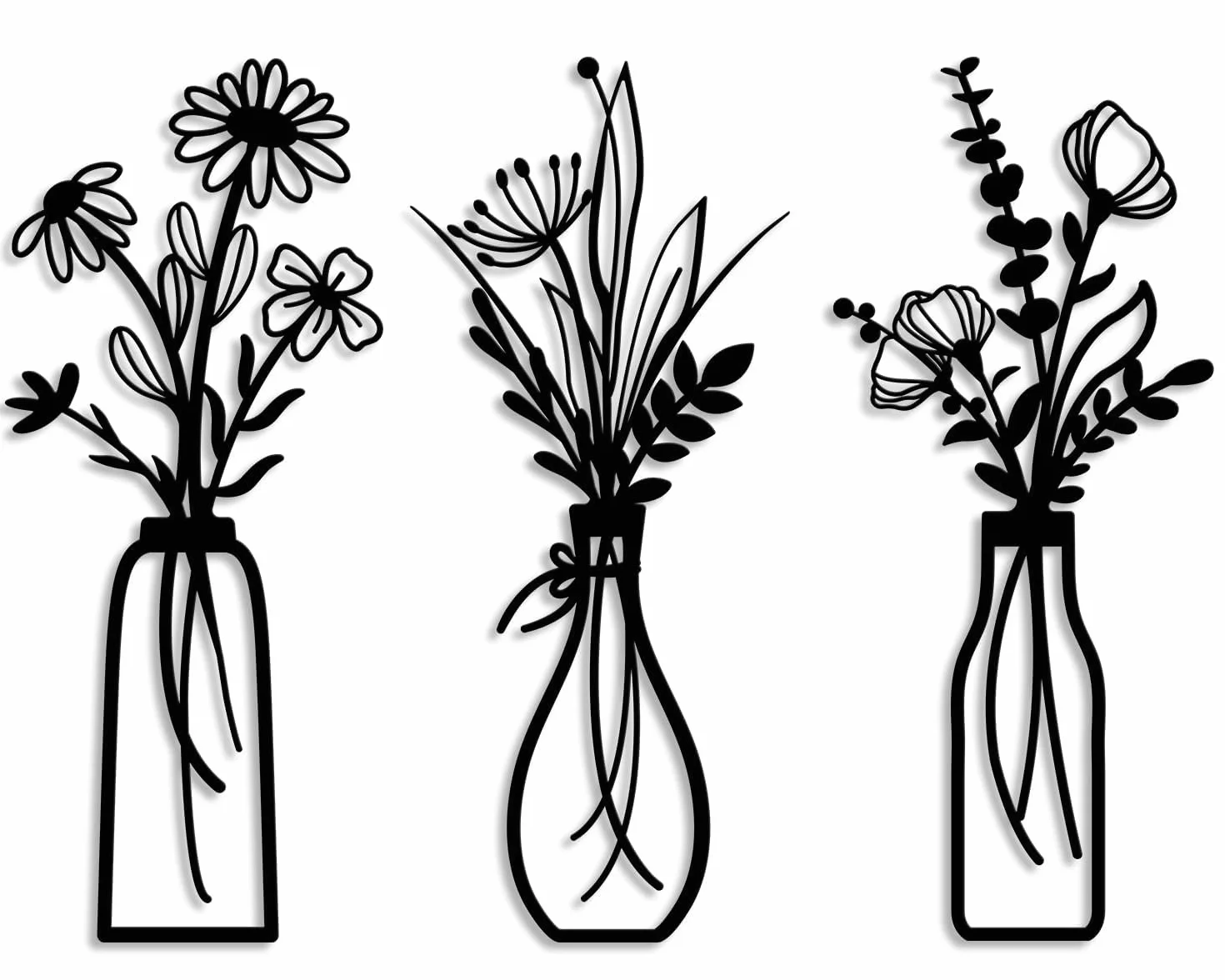 Lot de 3 Décorations Murales en Métal Fleur – Déco Murale Noire Moderne Vases à Fleurs – Art Mural Minimaliste Salon