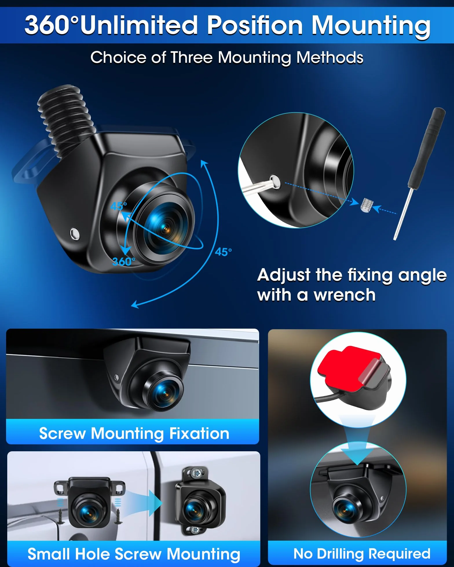 Kamera cofania 【3 metody montażu】 Obrotowa kamera cofania o 360° do obsługi samochodu Tryb AHD 1080P/720P/NTSC/PAL kamera przednia/cofania uniwersalna DC 12V-24V do samochodu Van SUV