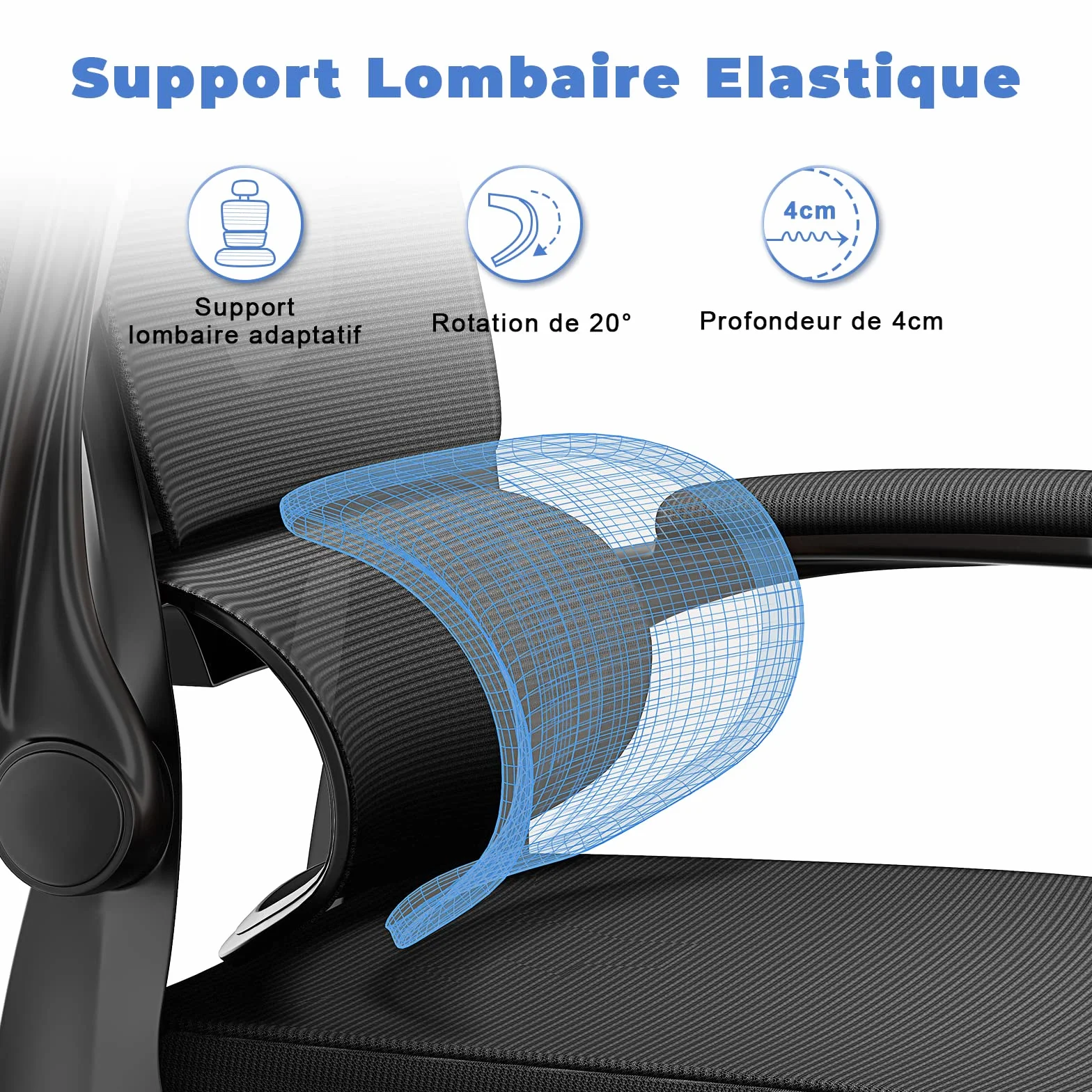 Chaise de Bureau Ergonomique Fauteuil Bureau Support Lombaire Dossier Appui-tête Réglables Accoudoir Réversible Siège Maille Respirante Noir