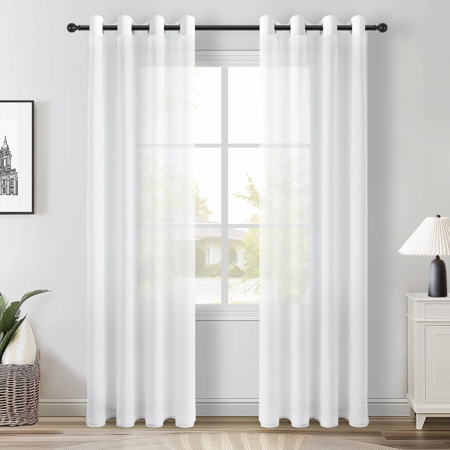 Topfinel Rideau Voilage Blanc 140x225cm 2 Pièces Voilage Effet Lin Transparent pour Salon Fenetre