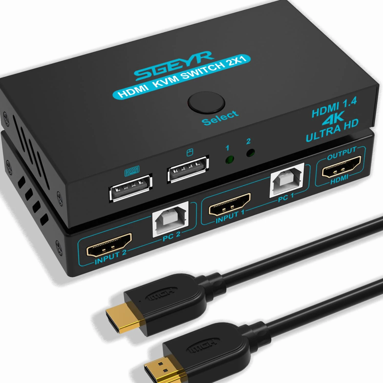 SGEYR 2x1 HDMI KVM przełącznik 4K 2 porty USB KVM przełącznik HDMI v1.4 2 w 1 Out metalowa obudowa z przełącznikiem myszy | Auto Scan|Zestaw kabli|Obsługa 4K @30Hz UHD 3D 1080P