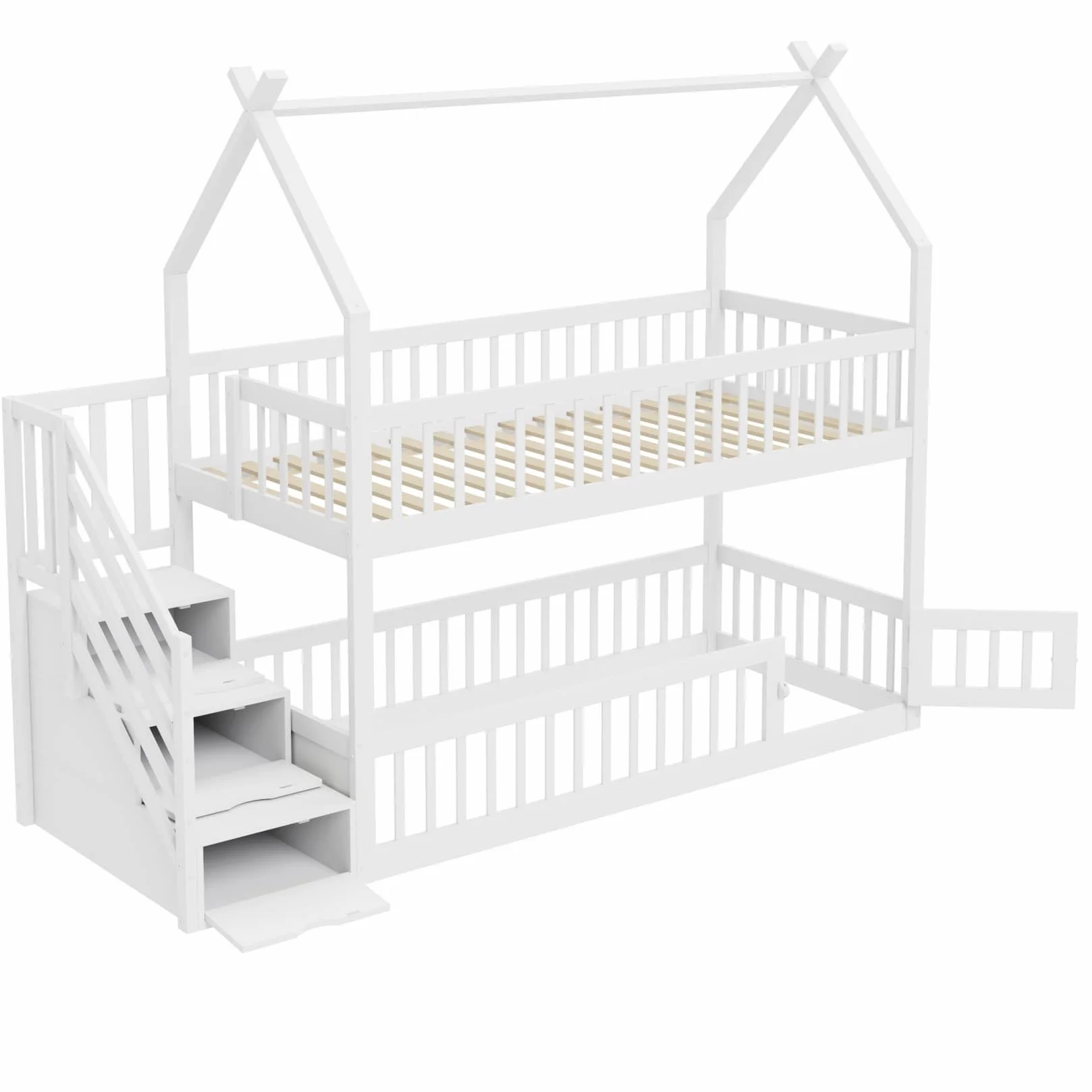 Lit Superposé Enfant 90x200 avec Échelle de Rangement,Porte,Haute Barrière de lit,Lit Cabane Enfant avec Sommier à Lattes Solide,pour Enfants Adolescents(B-Blanc, 90x200)