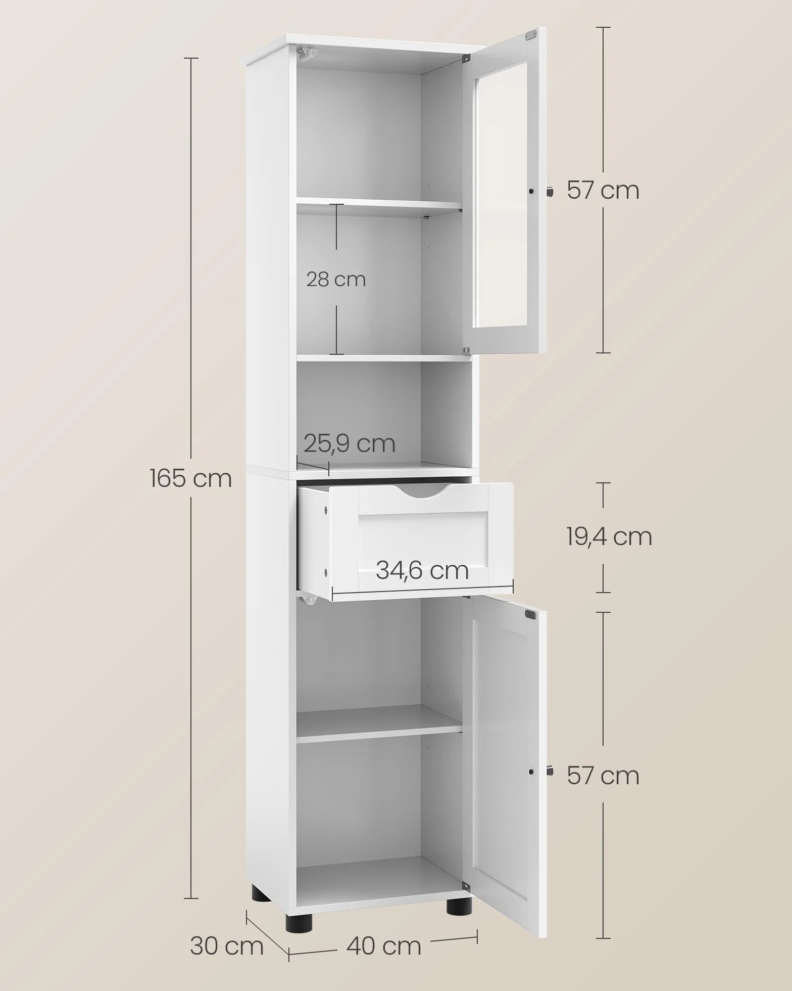 VASAGLE Meuble Salle de Bain, Colonne, Rangement avec Étagères Réglables, Placards à Porte, Tiroir, Compartiment, Gain de Place, Blanc Nuage BBK163W01