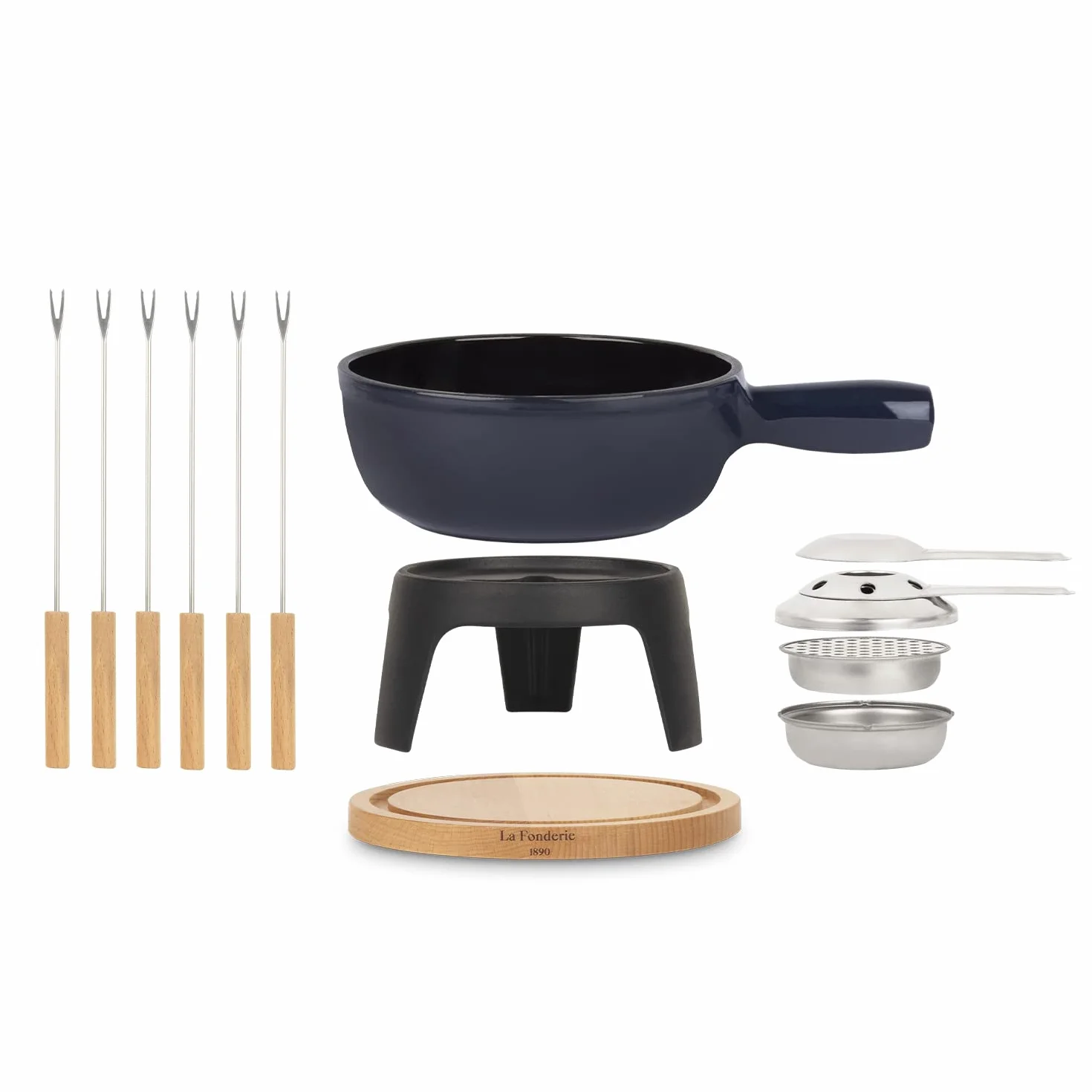 Service à Fondue Savoyarde en Fonte 6 Personnes MONT JOUX, Fondues fromage et chocolat, 6 Fourchettes avec manches en bois de hêtre, Socle en bois naturel, Capacité 1,8L
