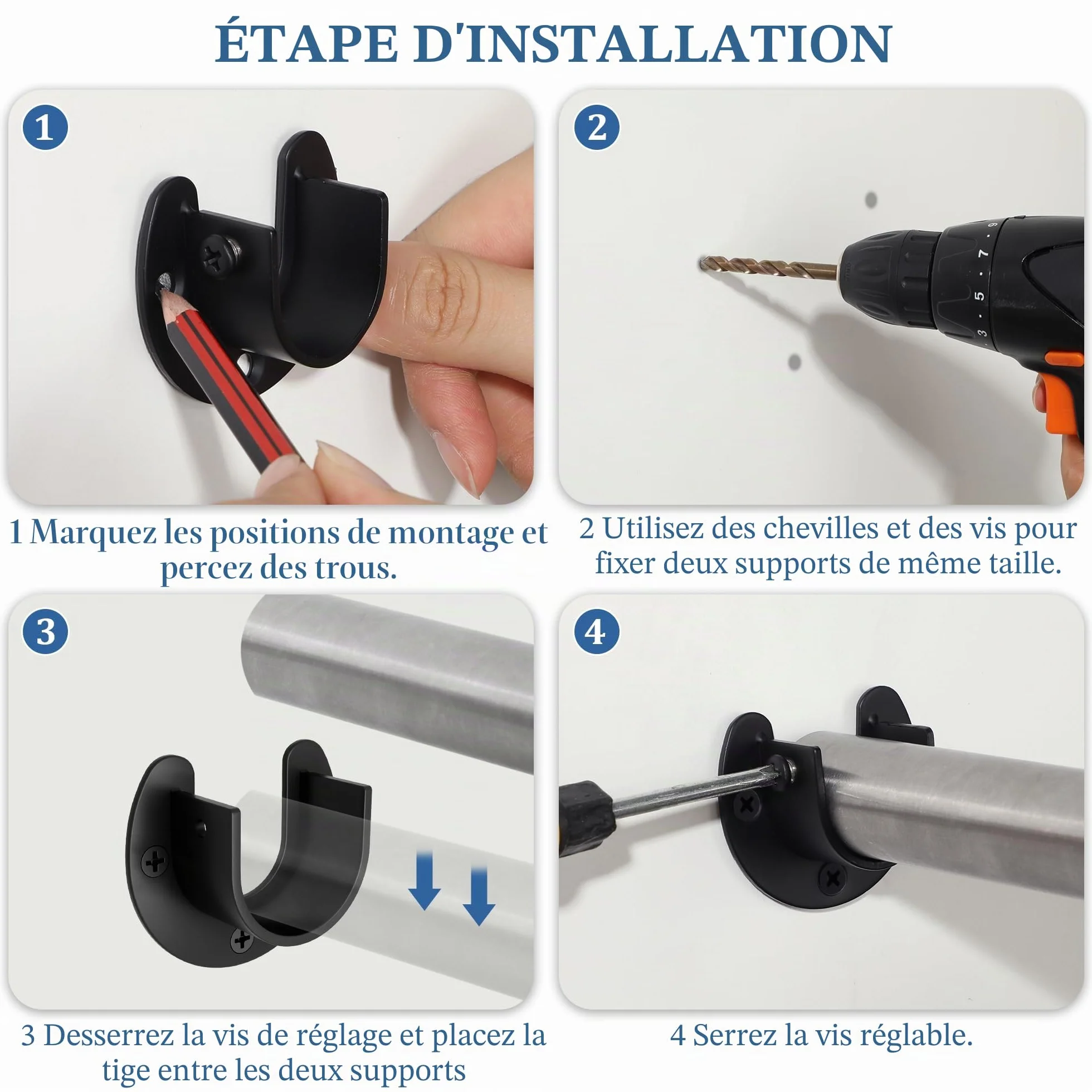 SAYAYO Support Tringle Rideaux Barre Penderie Acier Inoxydable Réglable 24-29mm 2 Pcs Noir Mat