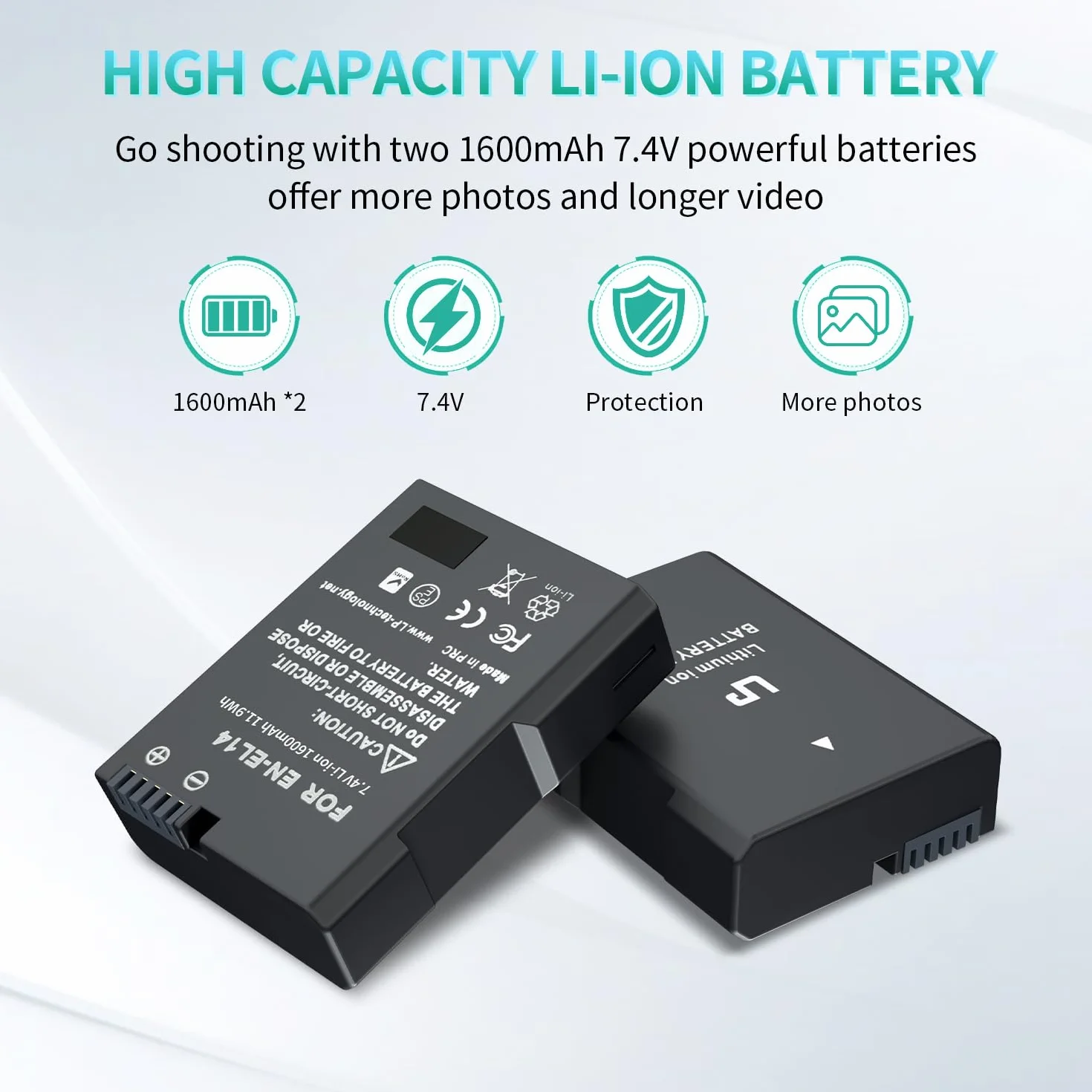Zestaw ładowarki i akumulatorów LP EN-EL14 / EN-EL14a – 2 akumulatory 1600 mAh oraz ładowarka dwukanałowa. Kompatybilny z modelami Nikon: D3100 D3200 D3300 D3400 D3500 D5100 D5200 D5300 D5500 D5600 DF