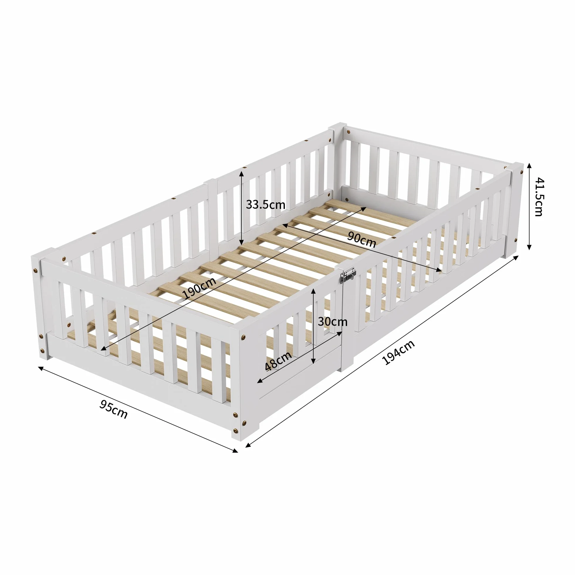 Lit Enfant Montessori au Sol 90x190 cm, Cadre de Lit en Bois de Pin Blanc avec Barrières de Sécurité, Sommier à Lattes pour Garçons et Filles (Matelas Non Inclus)