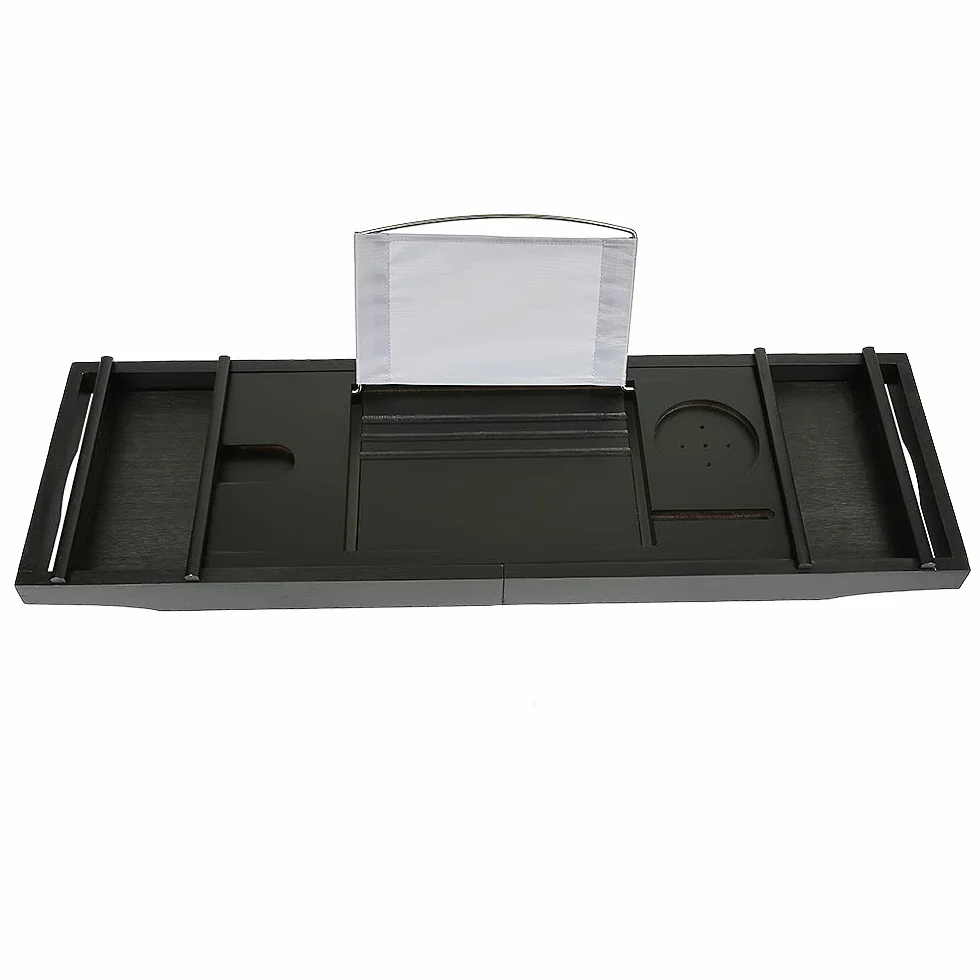 Support pour Serviette de Bain, Verre à vin, étagère de Lecture, Support pour Tablette,Plateau Extensible pour Salle de Bain, Plateau de Baignoire en Bambou Naturel, 70-105cm