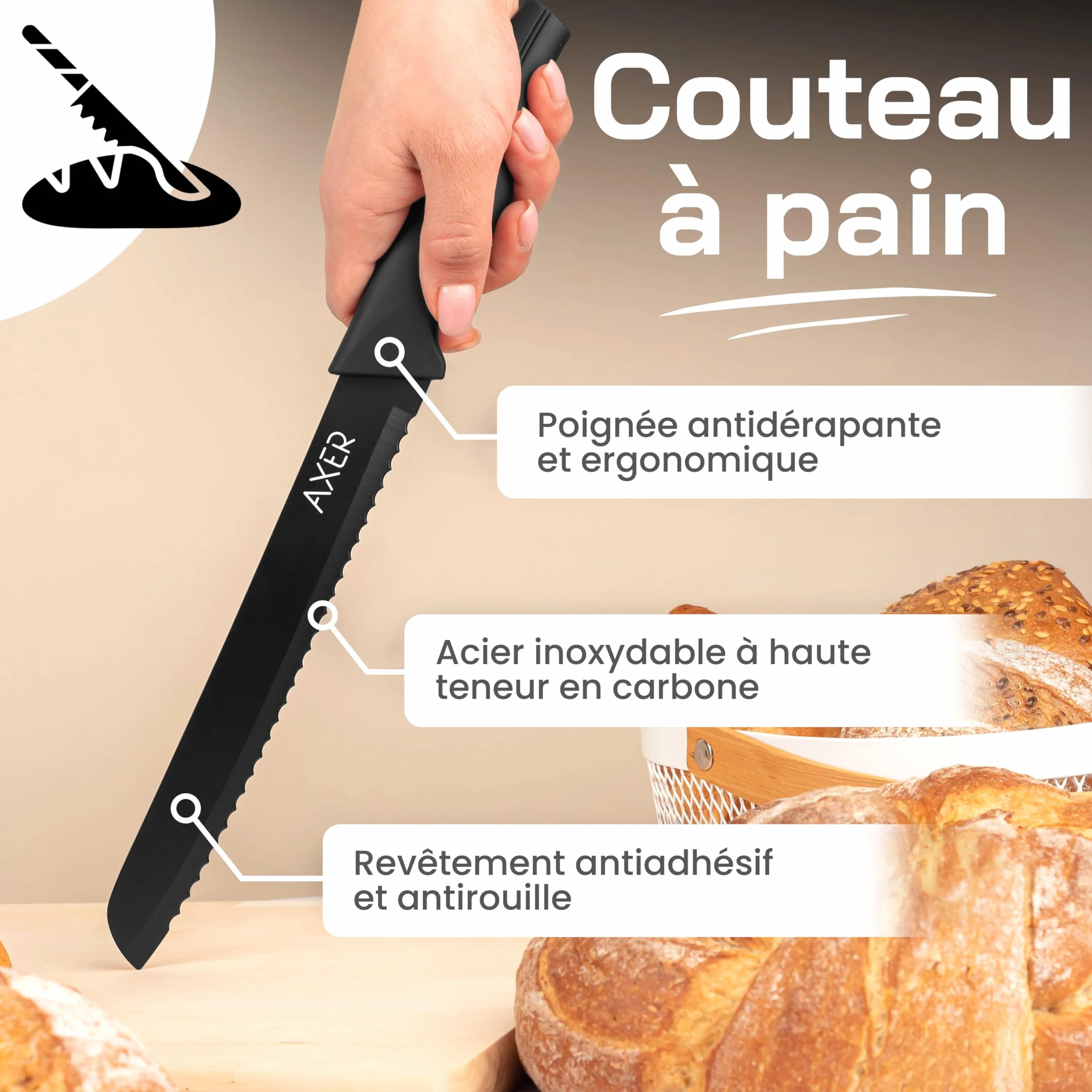 Couteau à Pain Axer avec Étui et Boîte - Couteau Pain Entièrement Noir