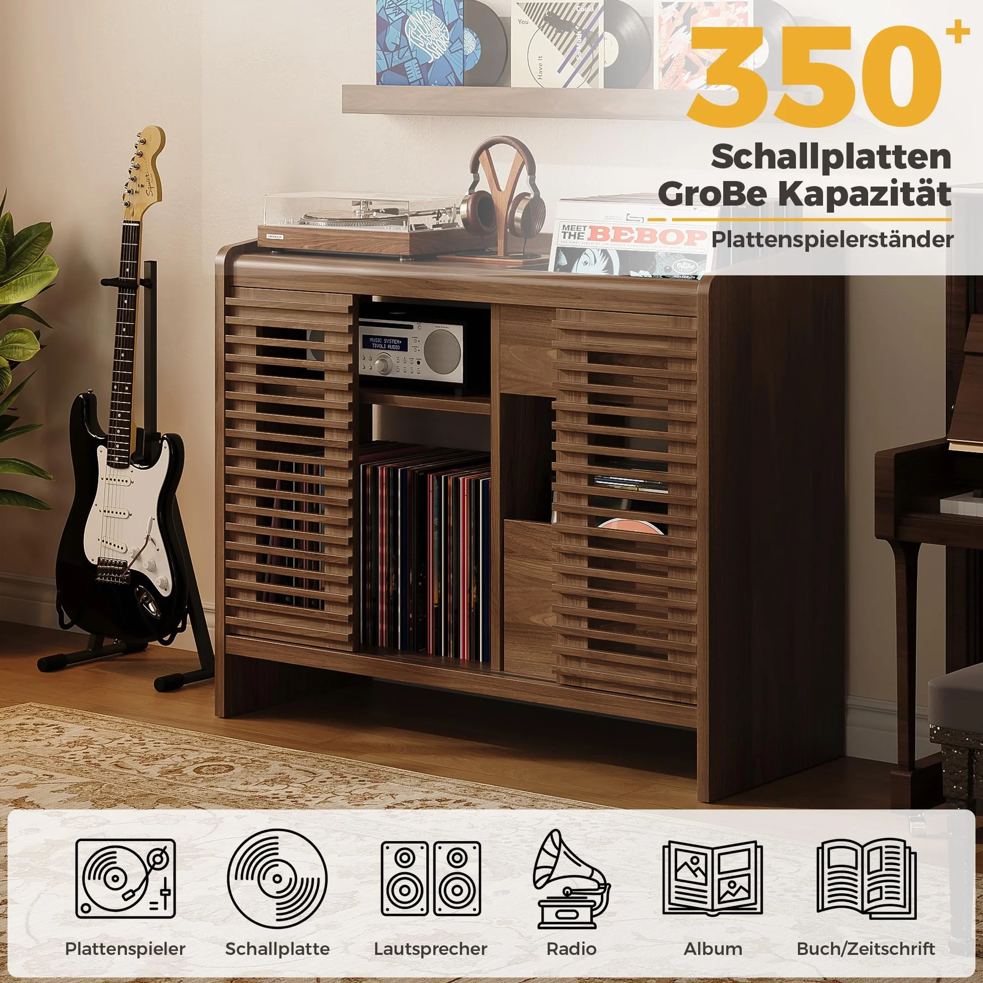 IRONCK Étagère pour Tourne-Disque Vinyle avec Support Mural pour disques vinyles, Rangement jusqu'à 350 Albums avec Prise de Charge, pour Salon et Chambre à Coucher, Marron Noyer rétro