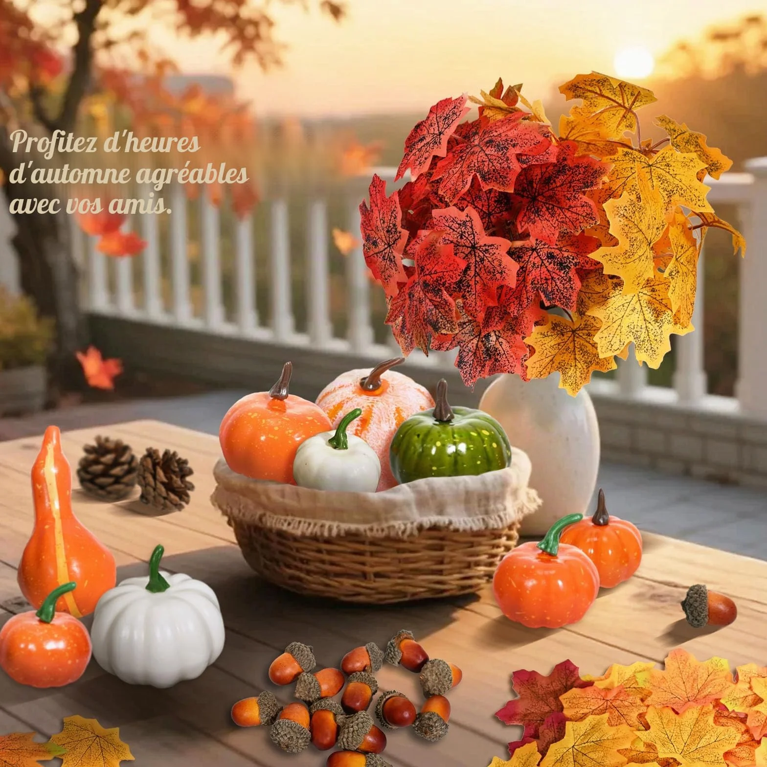 Lot de Mini Citrouille Deco Automne, Feuilles d'Érable, Pommes de Pin, Glands, Fausse Feuille pour Halloween Thanksgiving