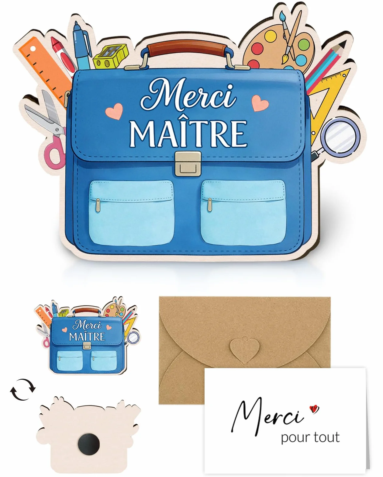 Magnet en Bois Merci Maitre d'école avec Carte de Vœux et Enveloppe, Cadeau Original Homme Professeur