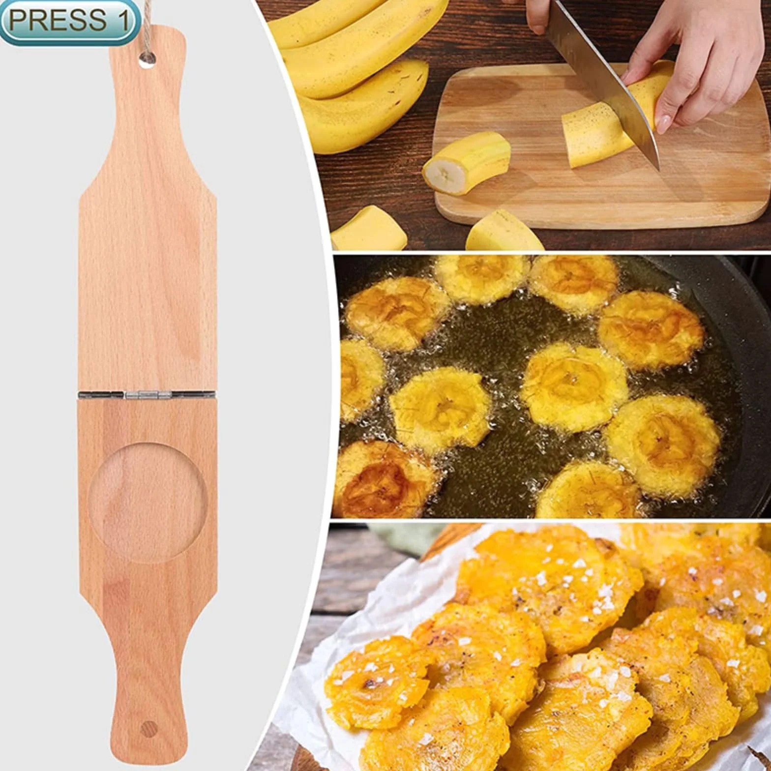 Presse à bananes en bois 2 en 1 pour plantain et chips de banane