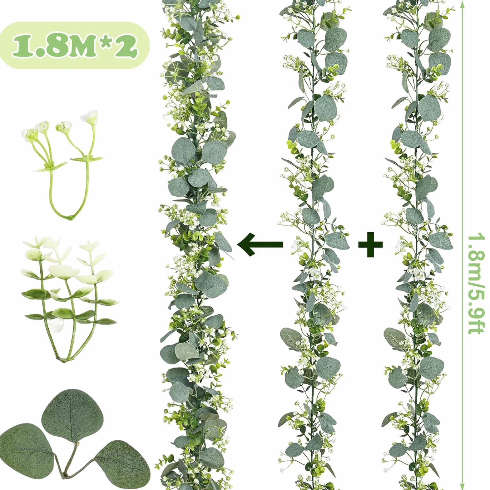 Guirlandes Artificielles d'Eucalyptus 1.8m avec Fleurs Blanches pour Mariage, Salon, Mur