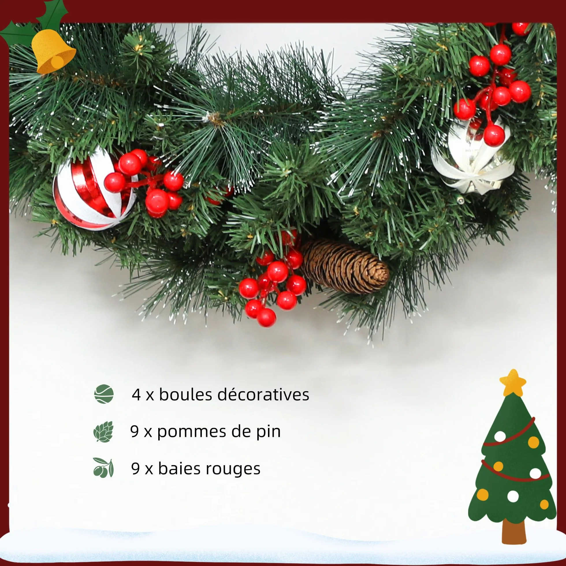 HOMCOM Couronne de Noël Lumineuse 60 cm avec 50 LED Blanc Chaud, minuterie, Couronne de Noël de Porte d'entrée, 146 Pointes, Pommes de pin, Baies, Boules décoratives, pour Porte, Mur, cheminée, Vert