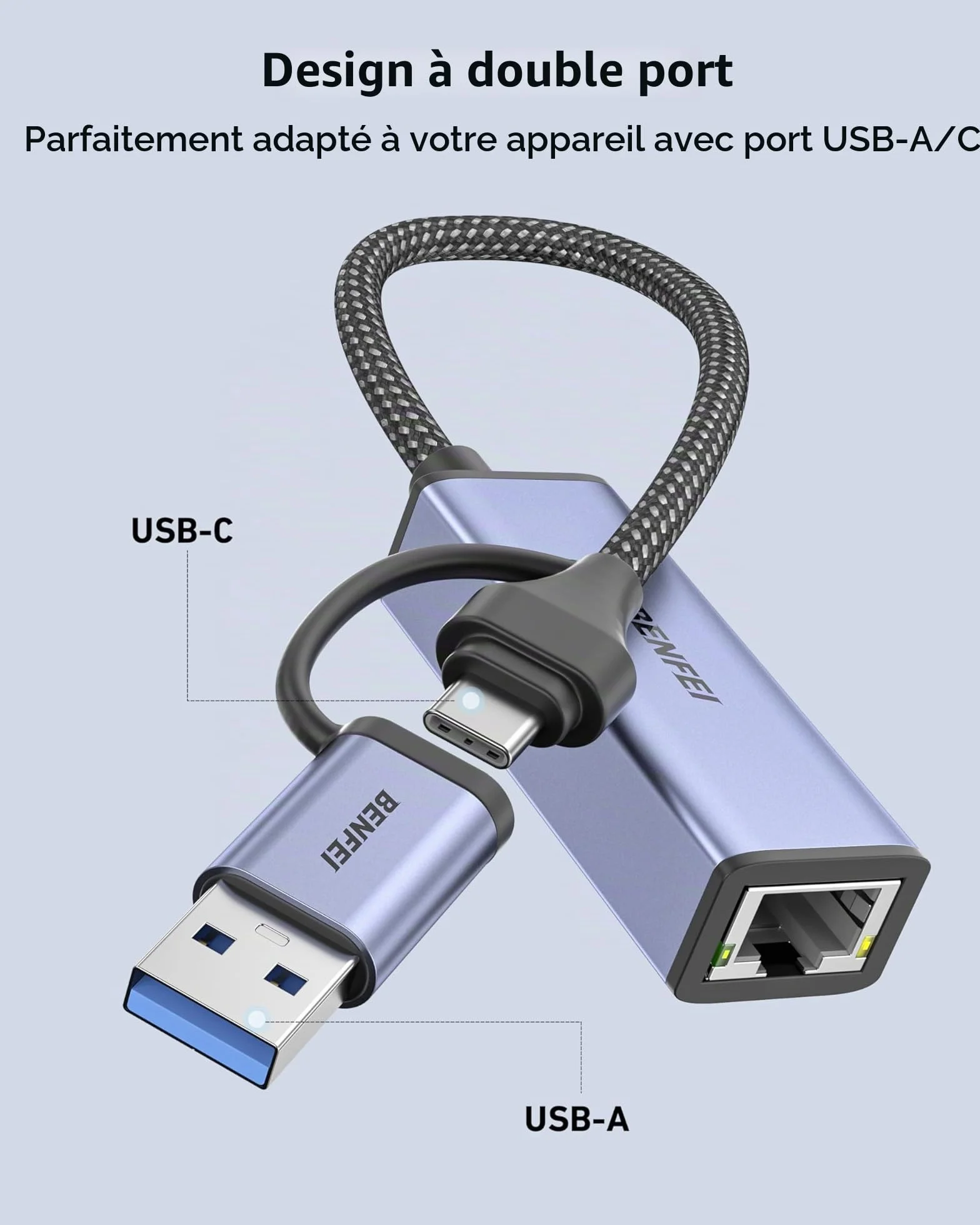 BENFEI Adaptateur USB Ethernet 2-en-1 USB 3.0 USB C vers RJ45 LAN 1 Gbps