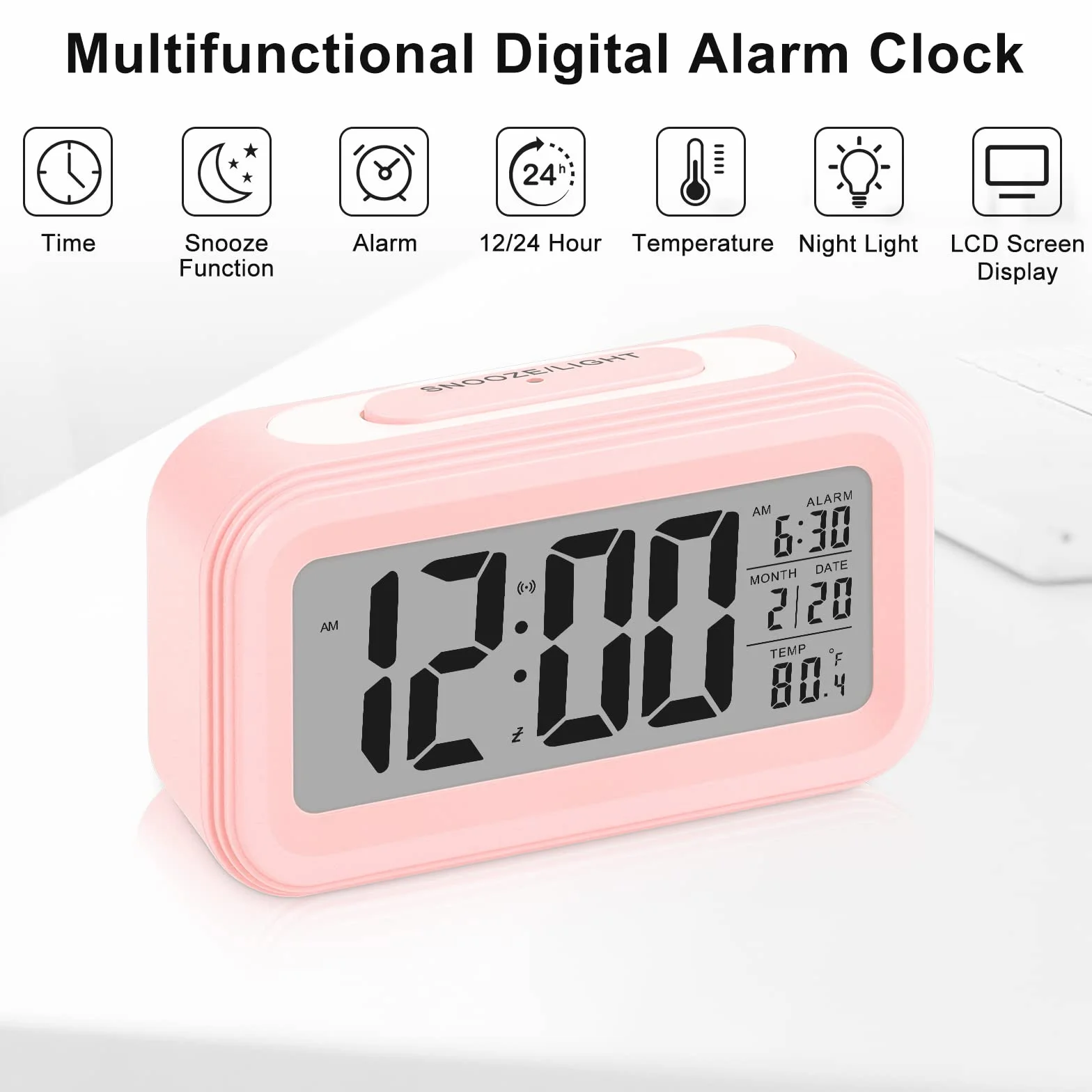 Réveil Numérique LED Silencieux avec Snooze Date Température, Rose