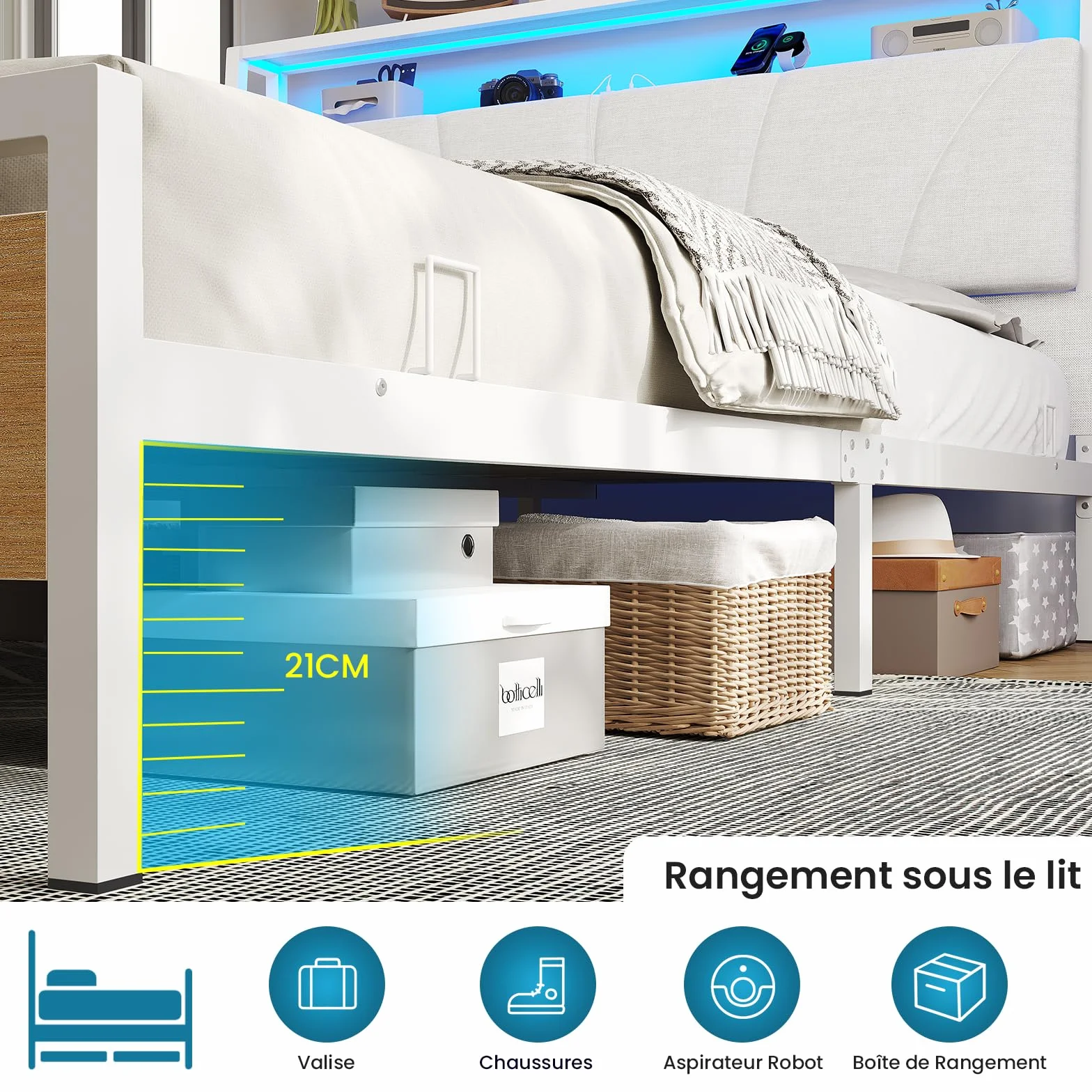 Brinlawb Cadre de Lit 140 x 190 avec Sommier en Métal, Lit 2 Personnes avec Lumières LED et Multiprise (2 Prises AC,2 Ports USB) lit Double 140x190cm avec Rangement, Facile à Assembler, Moderne, Blanc