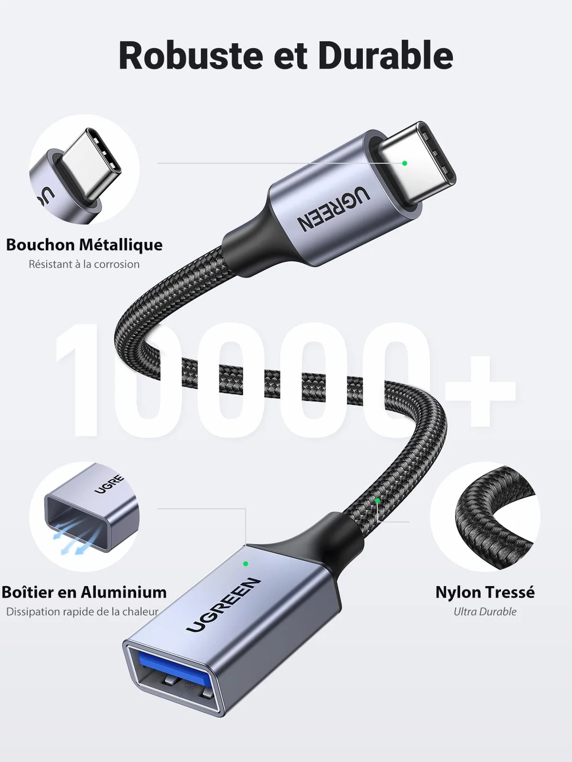 UGREEN Adaptateur USB C vers USB A 3.0 5Gbps OTG Câble Nylon Tressé Aluminium Compatible iPhone 17 Pro Max Air 16 15 MacBook Air iPad Galaxy S25 Gris