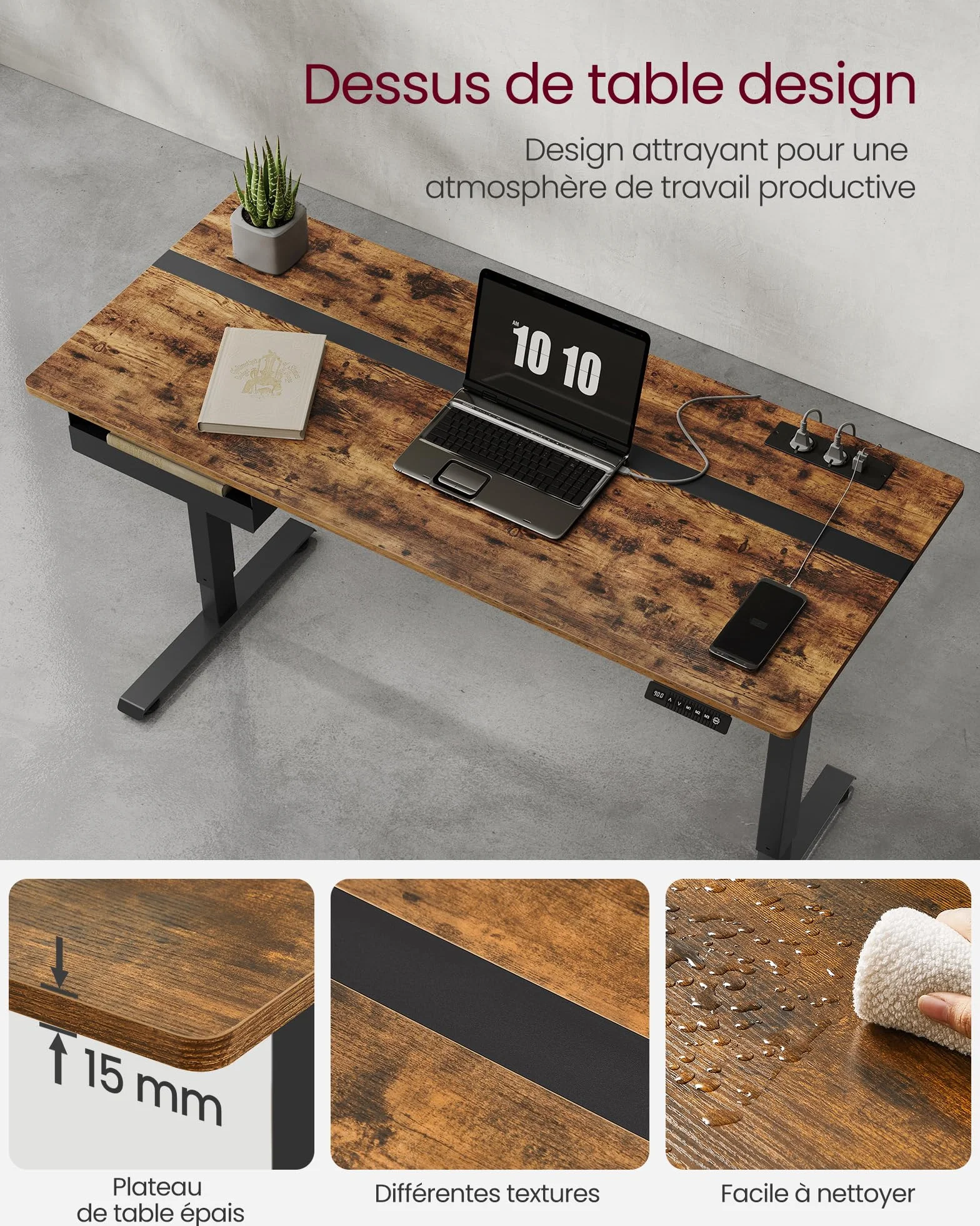 VASAGLE Bureau Électrique RÉglable en Hauteur, Bureau Assis-debout, Surface 60 x 140 cm, RÉglable en Continu, Fonction MÉmoire de 4 Hauteurs, Marron Rustique et Noir LSD114X01
