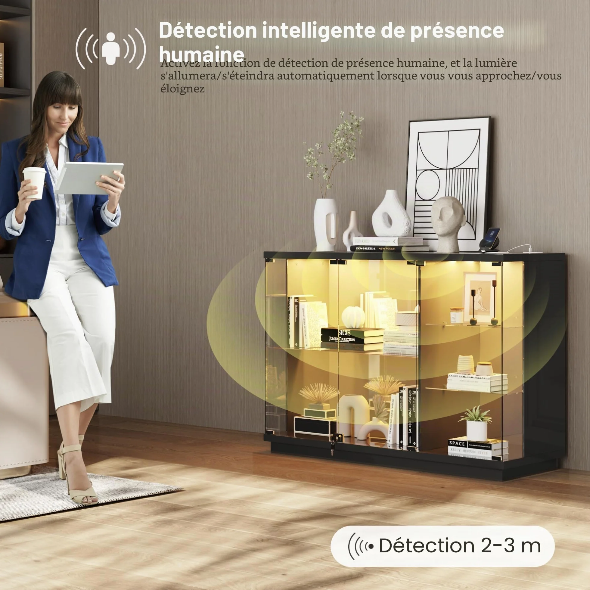 Lvifur Vitrine en verre - Éclairage LED et portes en verre - Armoire en verre - Cabinet d'affichage avec capteur intelligent - 3 couches - Étanche à la poussière - Pour salon, chambre à coucher
