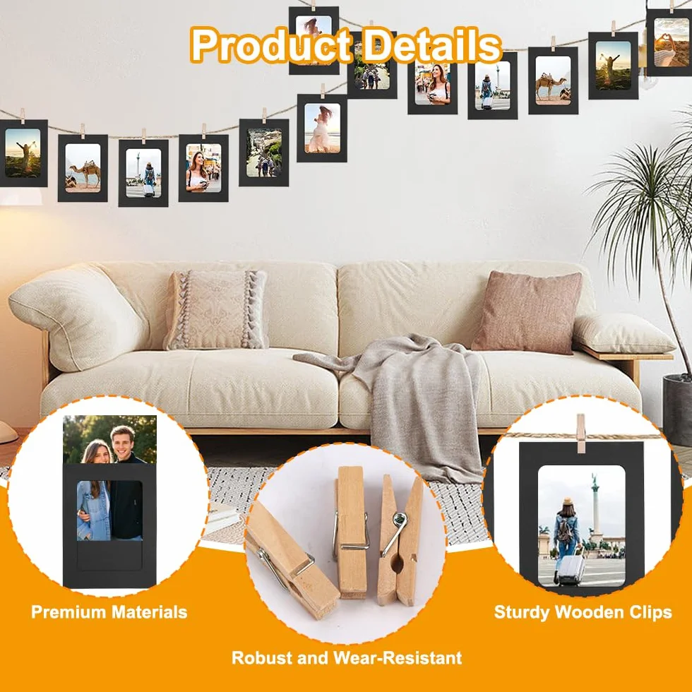 Cadre Photo en Papier Kraft 40 Pièces 11.5x15.5cm avec Pinces en Bois et Corde de Chanvre pour Décoration Murale
