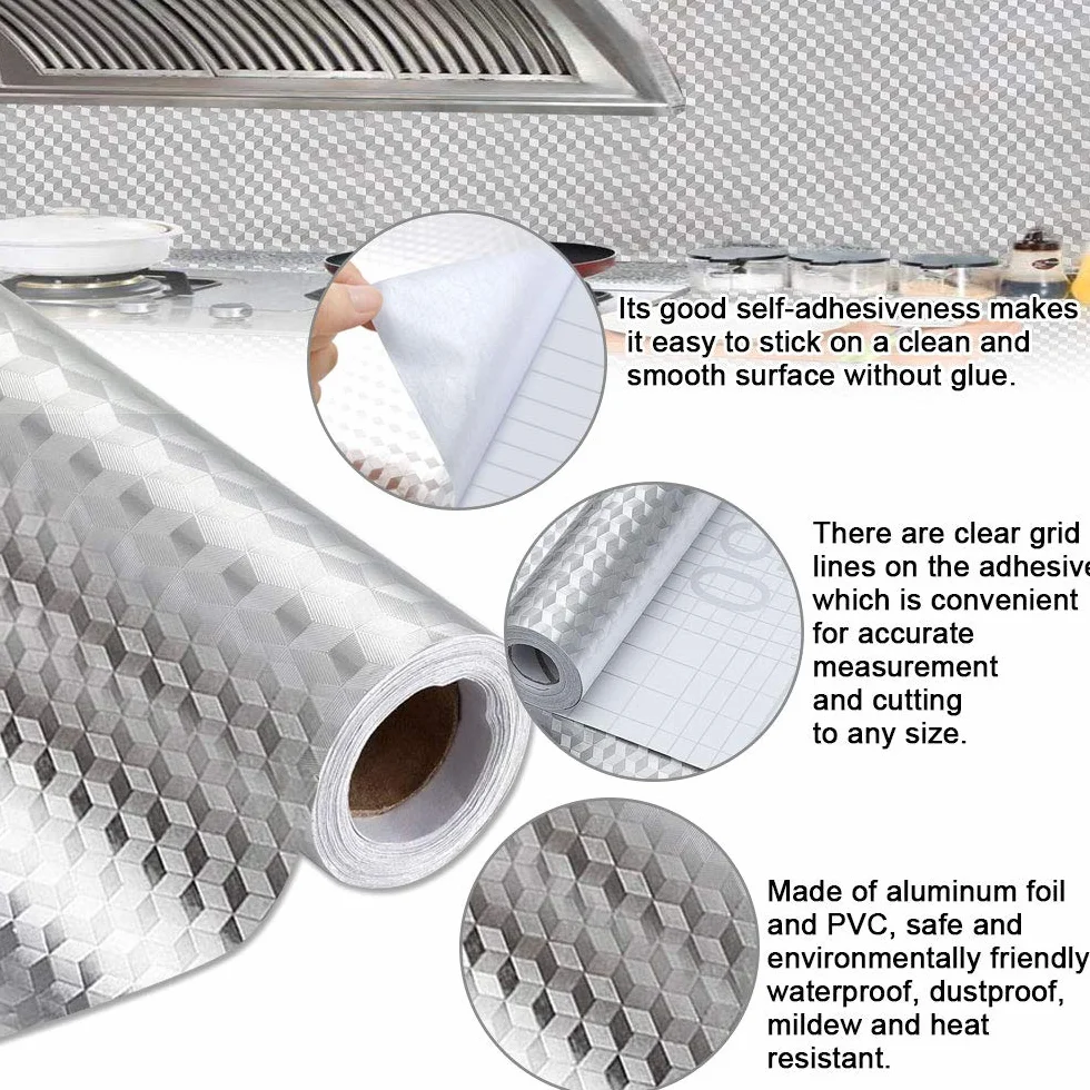 Feuille Aluminium Autocollante 40cm x 2M Rouleaux Anti-moisissure Etanche Anti-Huile Cuisine Argent