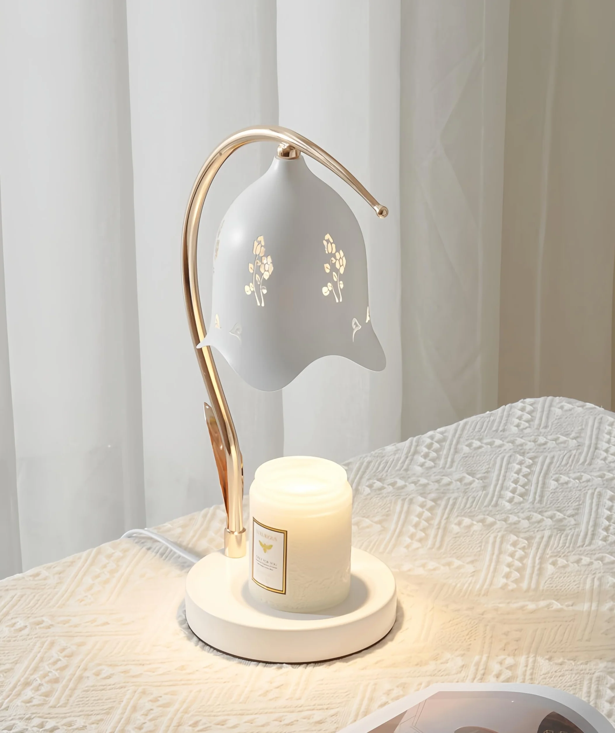 Lampe Chauffe Bougie Clochette - Candle Warmer Lamp avec Minuteur & Variateur - Fondant Cire Électrique Sans Flamme - Design Floral Blanc & Or - 2 Ampoules GU10 - Idée Cadeau Déco Femme