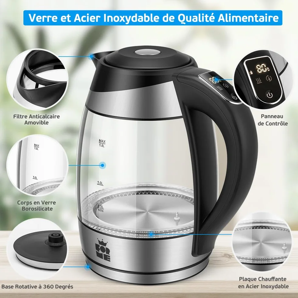 FOR ME Bouilloire Électrique en Verre 1.8L, Contrôle de la Température, Maintien au Chaud, Sans BPA