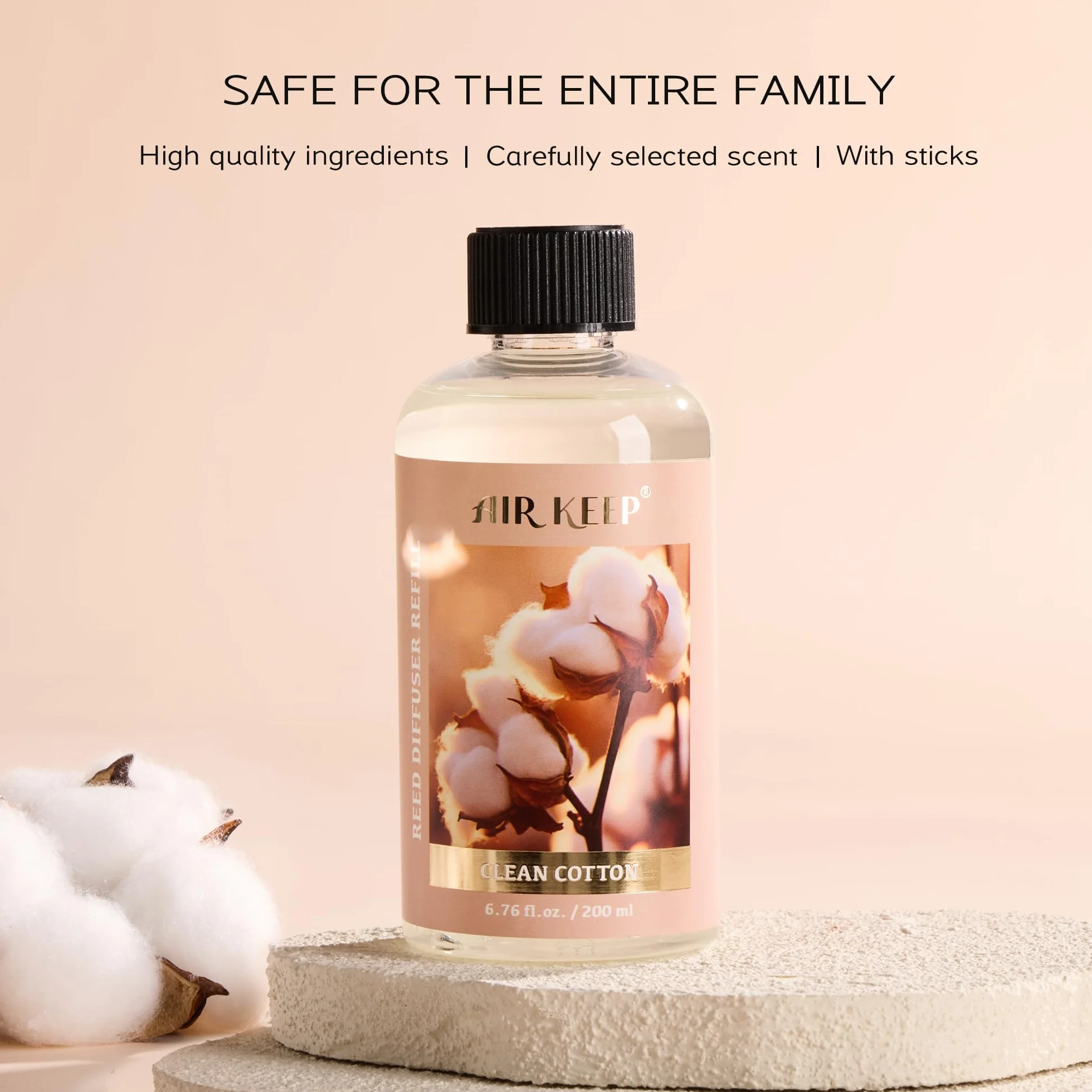 Airkeep Recharge Liquide Parfumé 200ml pour Diffuseur à Bâtonnets Clean Cotton Parfum d'Ambiance Maison