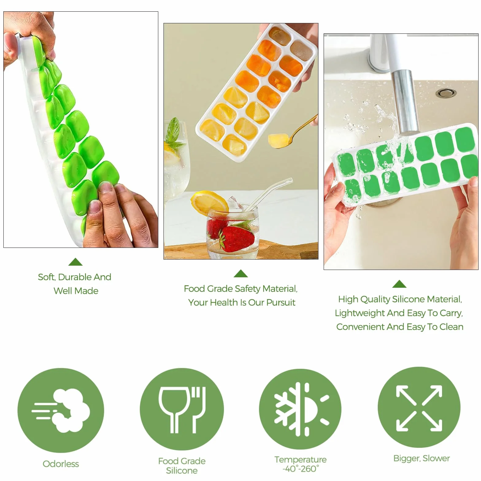 Bacs à glaçons en silicone avec couvercle, 4 pièces, LFGB, sans BPA, carrés faciles à retirer