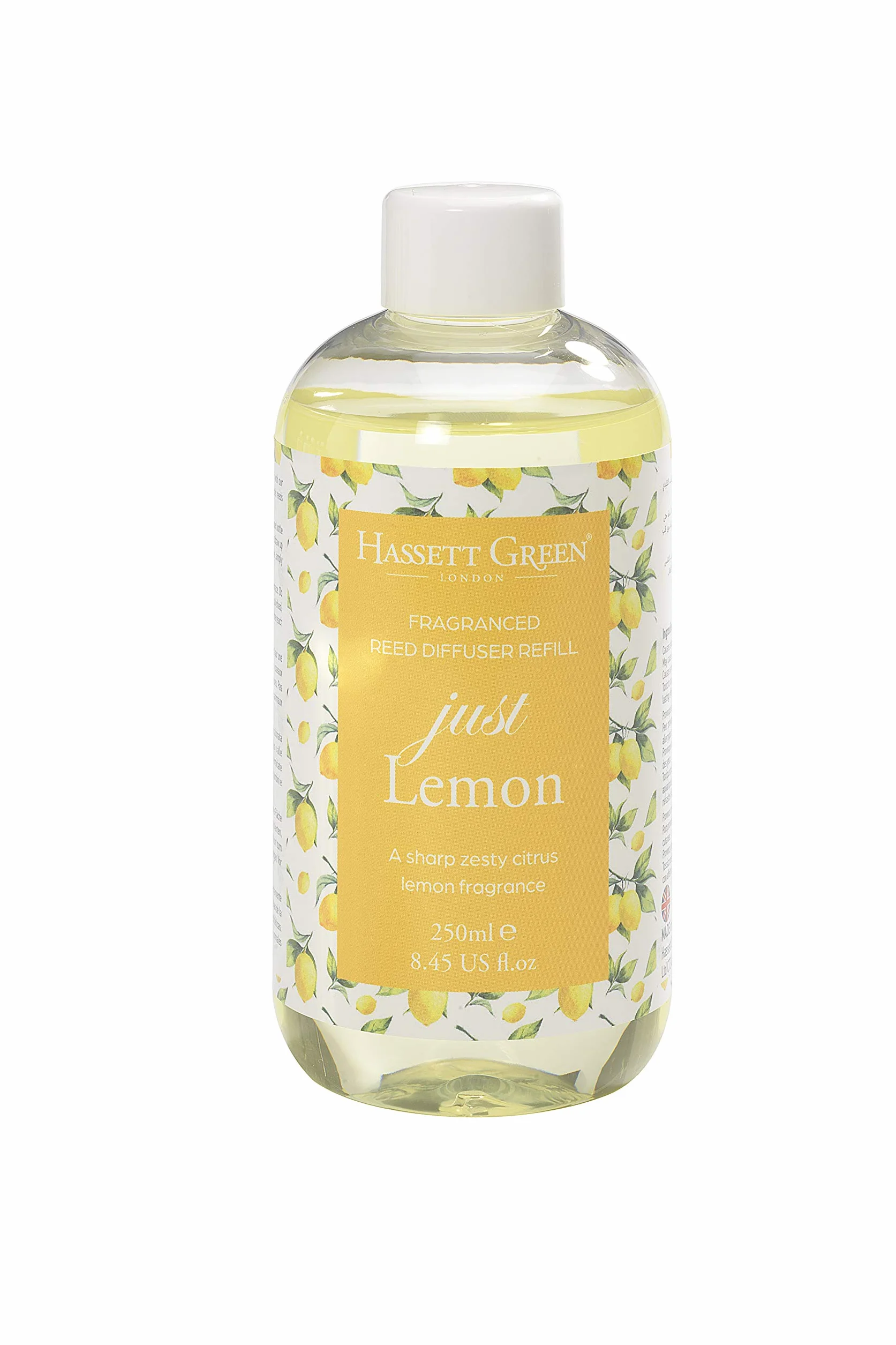 Hassett Green London Recharge de Diffuseur à Roseaux Just Lemon 250ml Parfum Citron Zesté Écologique Vegan