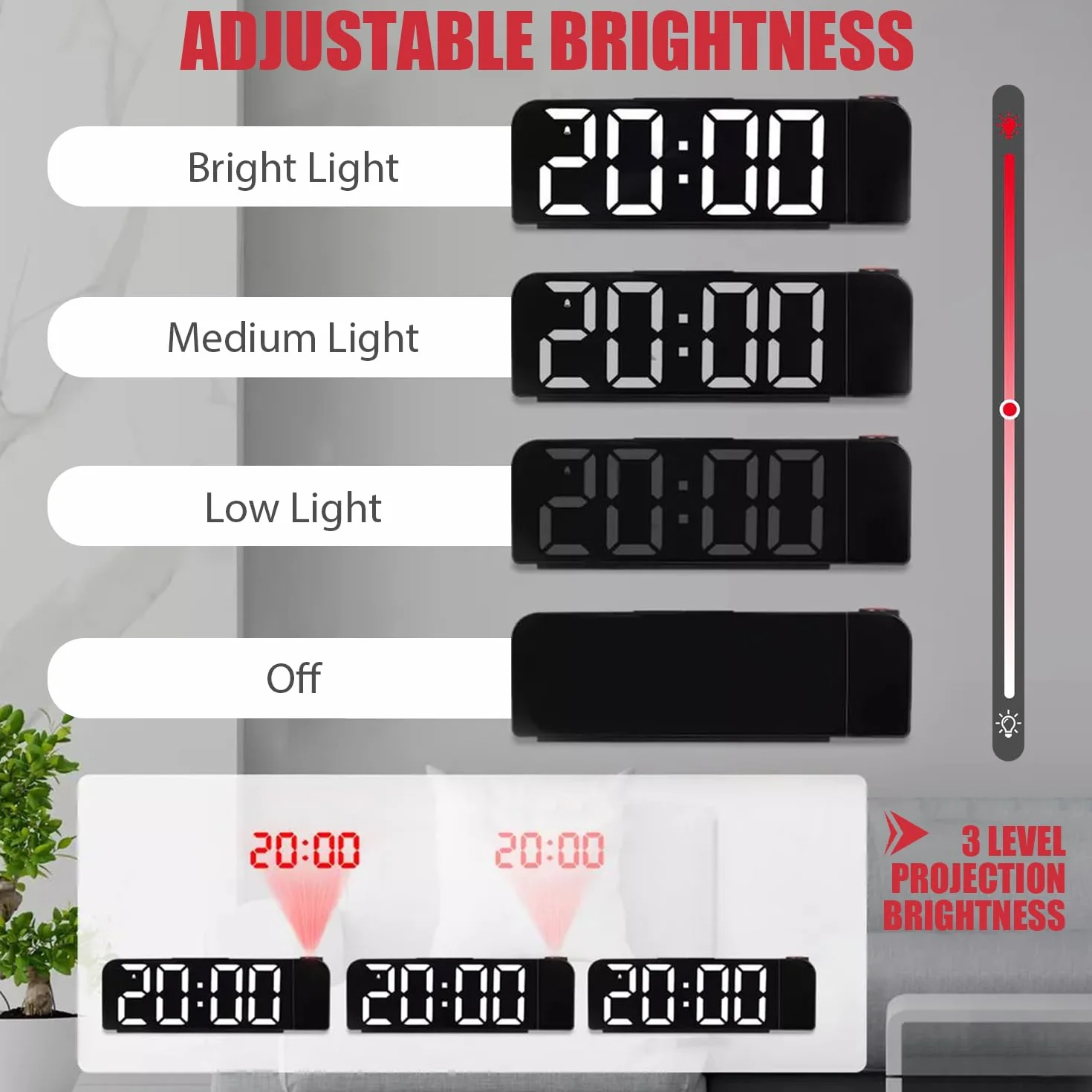 Réveil Projecteur Plafond 180° avec Température, 4 Niveaux de Luminosité, Horloge Numérique LED, Charge USB