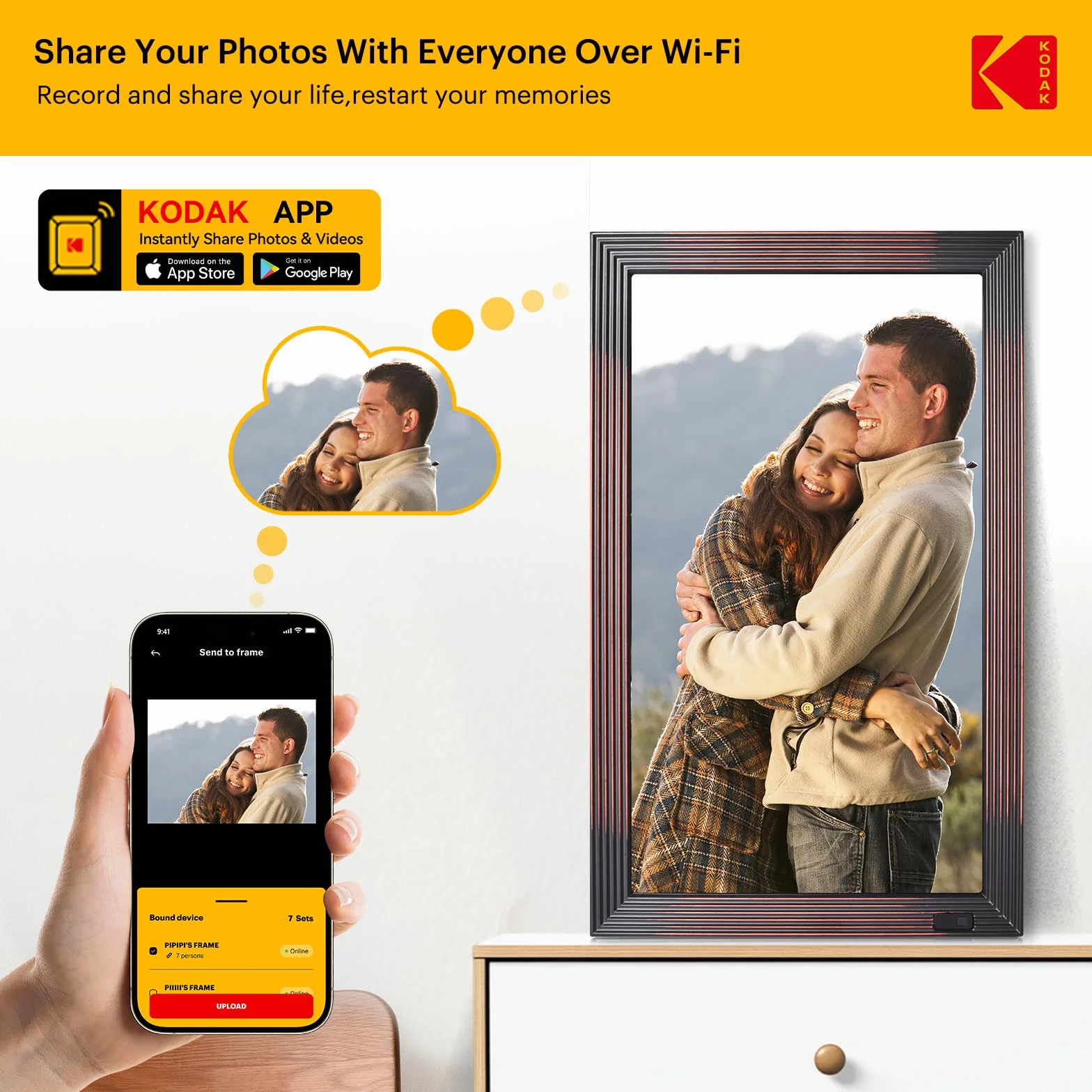 KODAK 21,5 cala Cyfrowa ramka na zdjęcia, duża ramka elektroniczna z Wi-Fi i pamięcią 32 GB, ramka cyfrowa FHD, udostępnianie zdjęć i filmów przez aplikację, pilot zdalnego sterowania, czujnik ruchu