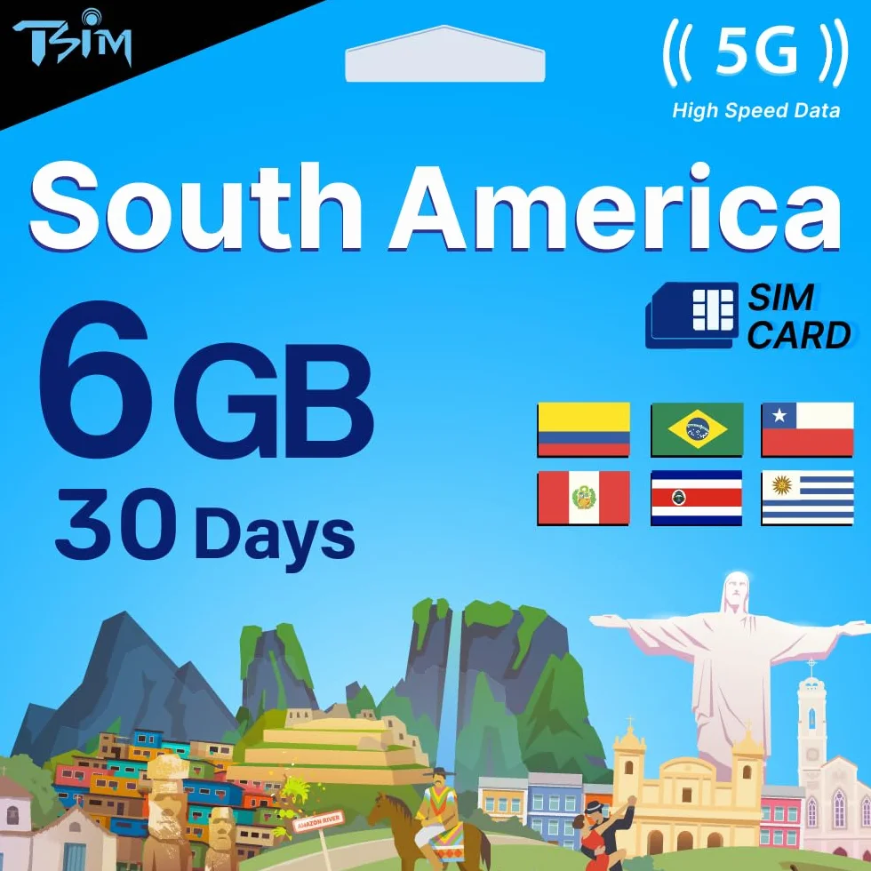 TSIM Ameryka Południowa karta SIM 30 dni | Internet 6 GB w 5G/4G/LTE (dozwolone udostępnianie danych), do użytku w Brazylii, Chile, Kolumbii, Peru, Urugwaju i Kostaryce, sieć 5G o wysokim zasięgu.