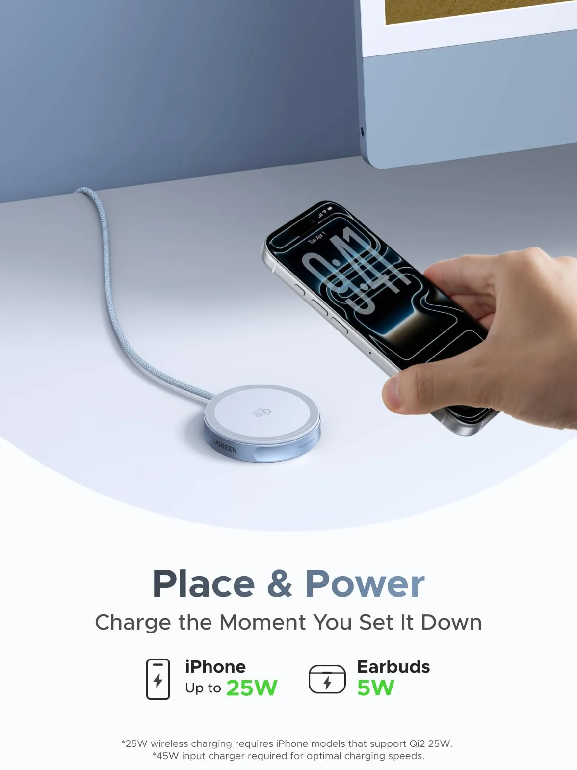 UGREEN MagFlow Magnetyczna ładowarka Bezprzewodowa 25W, certyfikowana przez Qi2, kompatybilna z MagSafe dla iPhone'a 17/16 i AirPods, z plecionym kablem o długości 1,5m