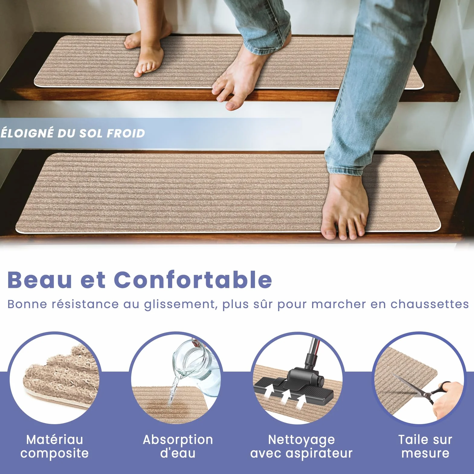 Tapis d'Escalier Antidérapant Lot de 15 Marchettes Autocollantes 76 x 20 cm Beige